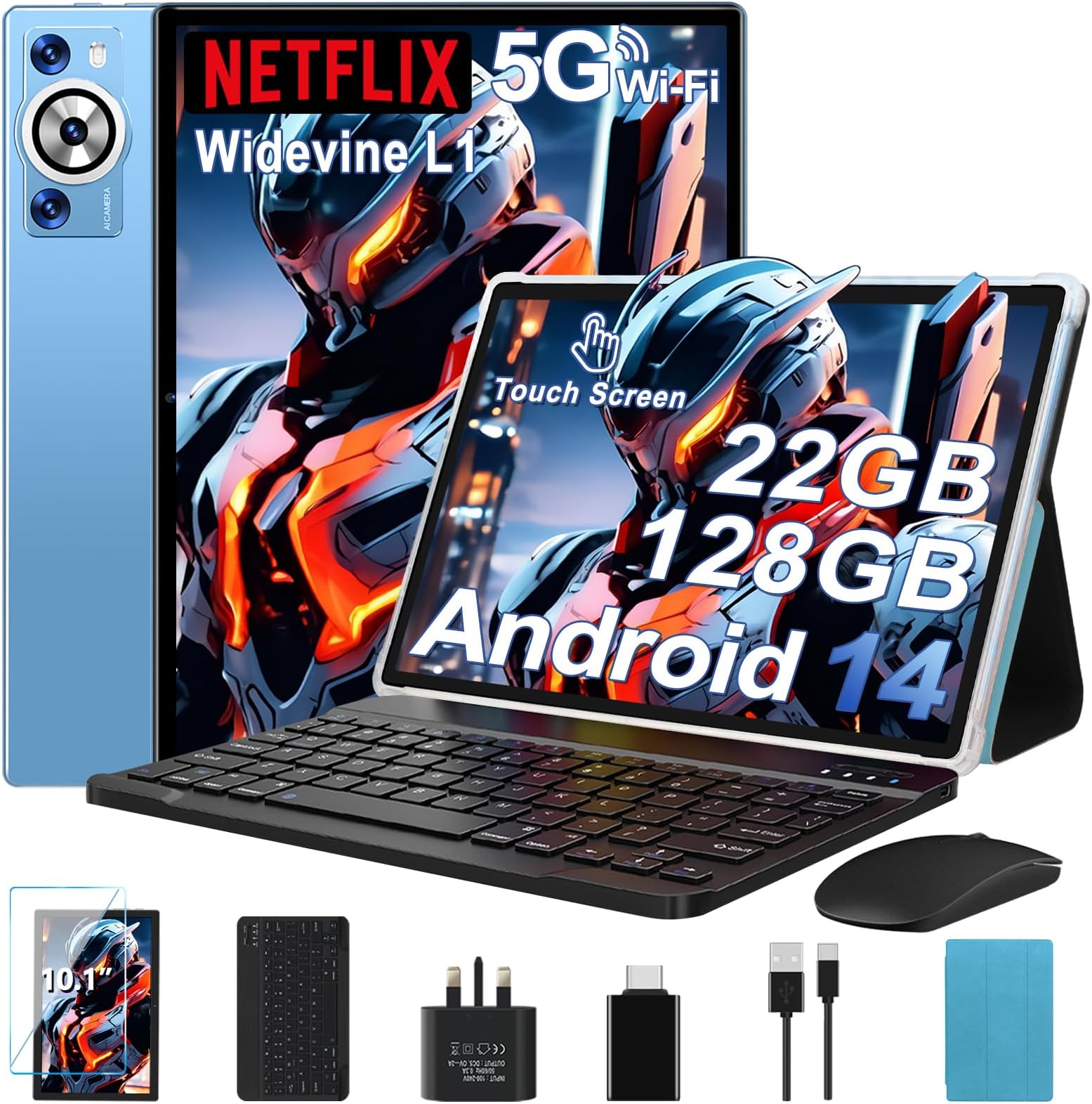 2025 Tablet 10 Inch Android 14 22GB RAM+128GB ROM(TF 2TB), Octa Core 2.0 GHz, 5G WiFi, 8000mAh | BT5.0 | Widevine L1 FHD | Face ID | Widgets | GPS | Type C | GMS Tablet with Keyboard & Mouse - Blue