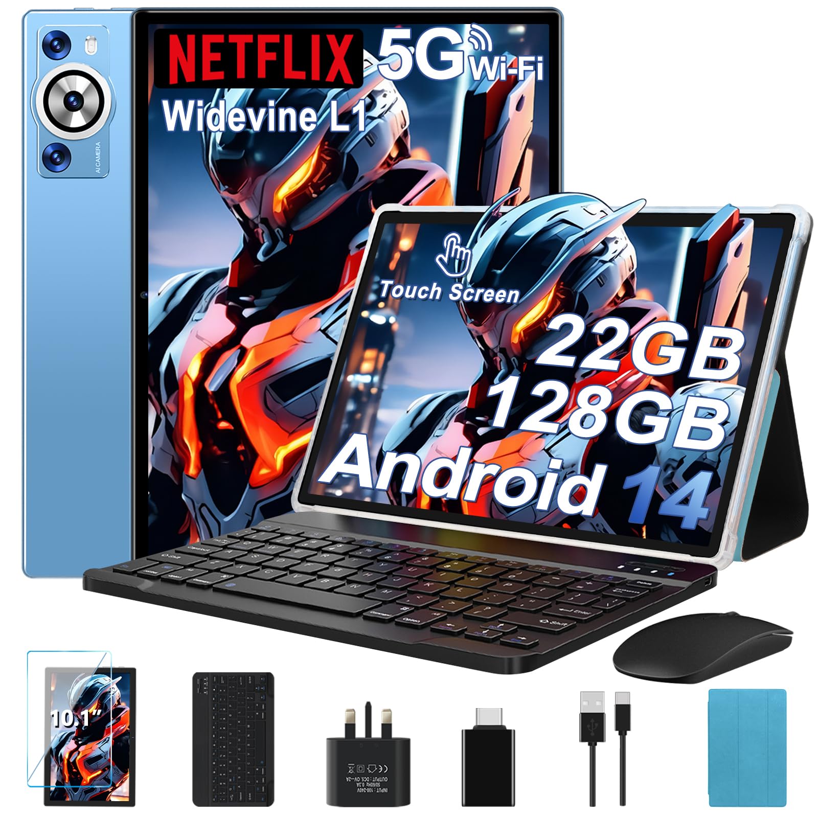 2025 Tablet 10 Inch Android 14 22GB RAM+128GB ROM(TF 2TB), Octa Core 2.0 GHz, 5G WiFi, 8000mAh | BT5.0 | Widevine L1 FHD | Face ID | Widgets | GPS | Type C | GMS Tablet with Keyboard & Mouse - Blue