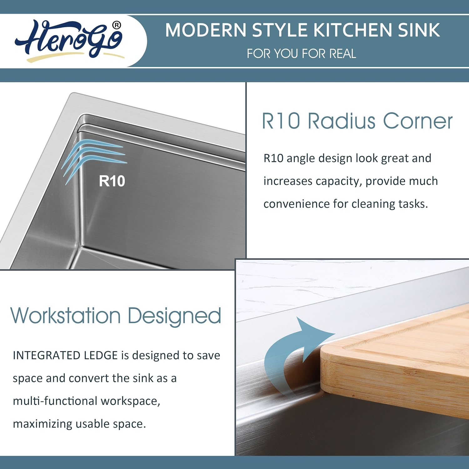 Herogo 33x19 Inch Undermount Stainless Steel Single Bowl Kitchen Workstation Sink, 10'' Deep Basin With Accessories