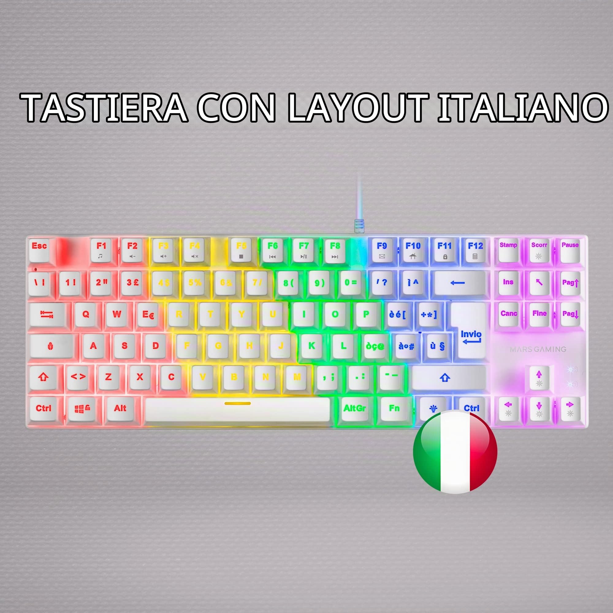 Mars Gaming MK80 Bianco, Tastiera Gaming Meccanica TKL FRGB, Antighosting, Switch Meccanico Rosso, Lingua Italiano