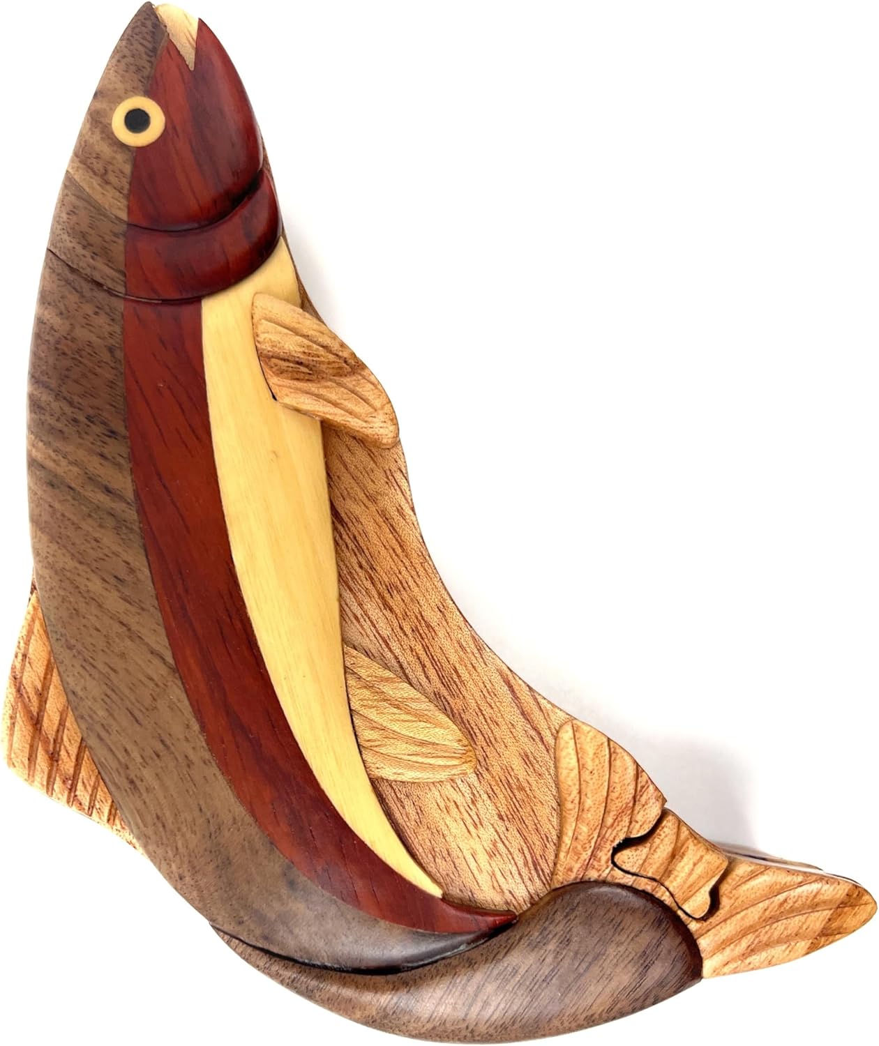 Handcrafted Rainbow Trout Wood Puzzle Box, All-Natural Wood Intarsia Art with Secret Compartment