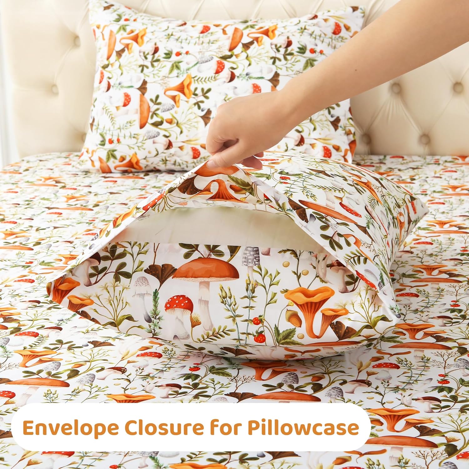 Mooreeke Cozy Vintage Microfiber Printed King Sheet Set - Soft & Breathable Percale Mushroom Forest Bed Sheets with Extra Deep Pocket - Non-Slip Fitted Design - Jungle Mushroom Leaves Pattern - King - Image 6