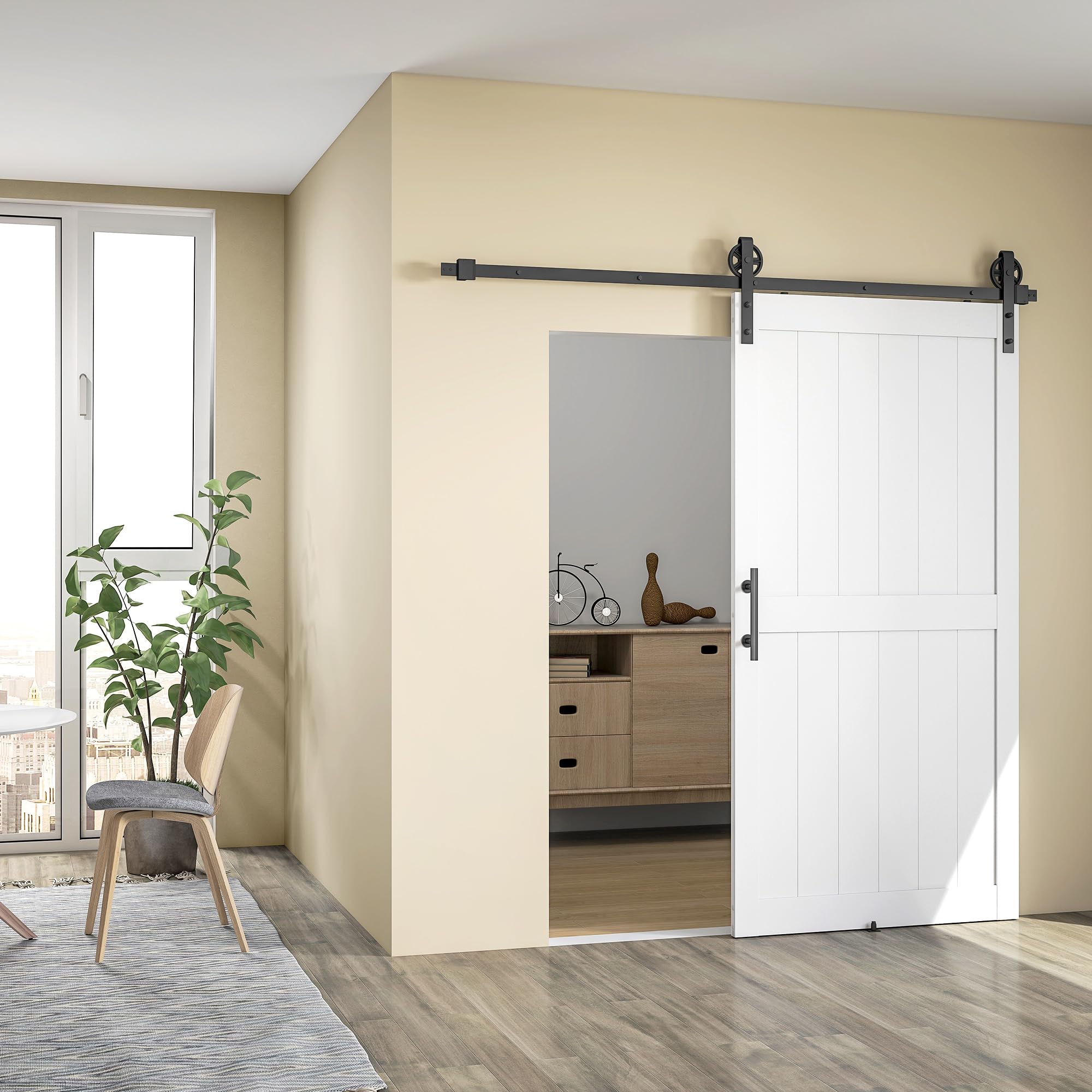HOMCOM 107 x 213 cm Sliding Barn Door with 213 cm Sliding Door Hardware Kit & Industrial Handle, Upgraded Rollers and Floor Guide, Waterproof Plastic Surface, Pre-Drilled Easy Assembly, White