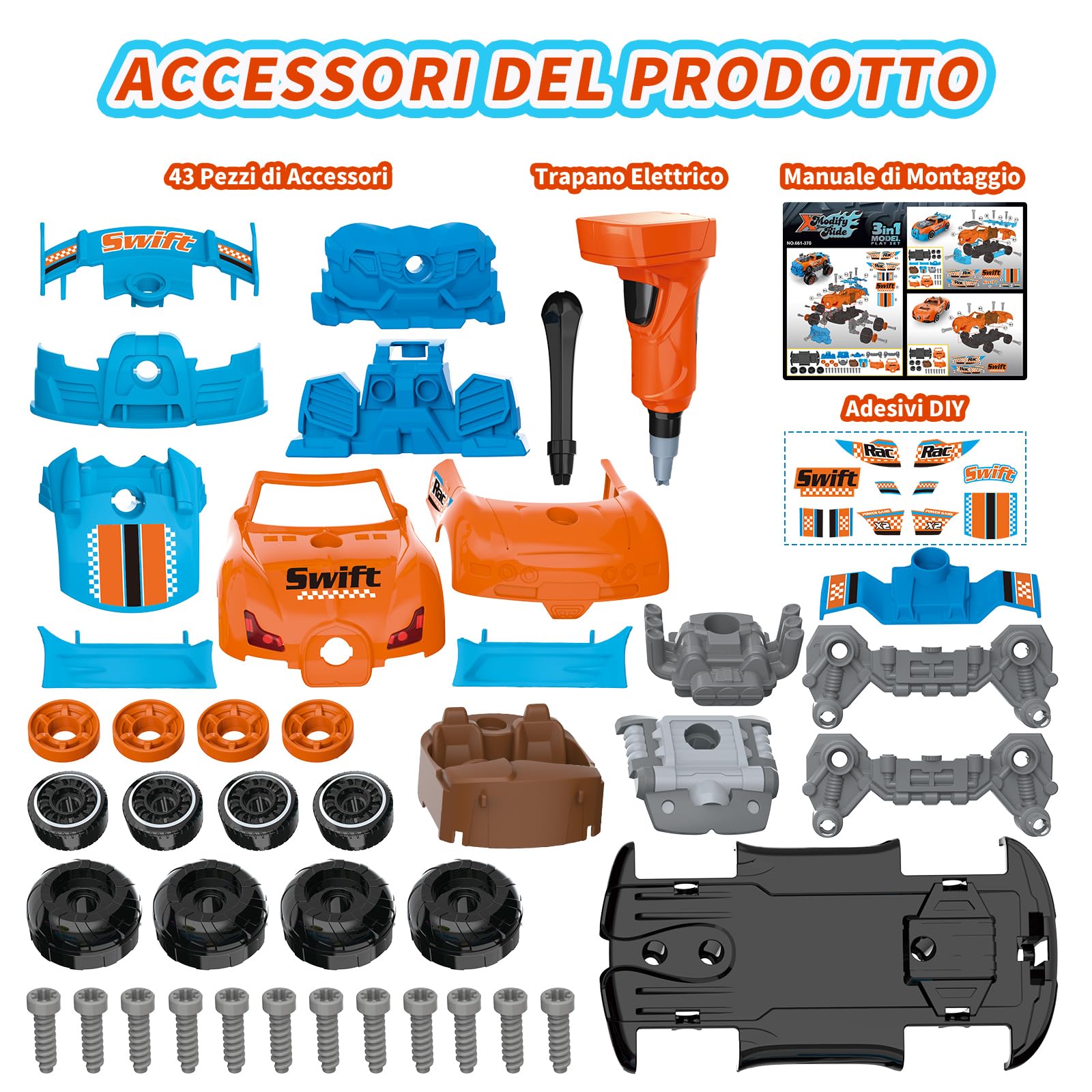 Pup Go Auto 3-in-1 Smontabile per Ragazzi di 3 4 5 6 7 8 Anni, 43 Pezzi con Trapano Elettrico, Giocattolo Camion da Costruzione, Costruisci la Tua Auto, Regalo Giochi Ideale per Bambini (Arancione)