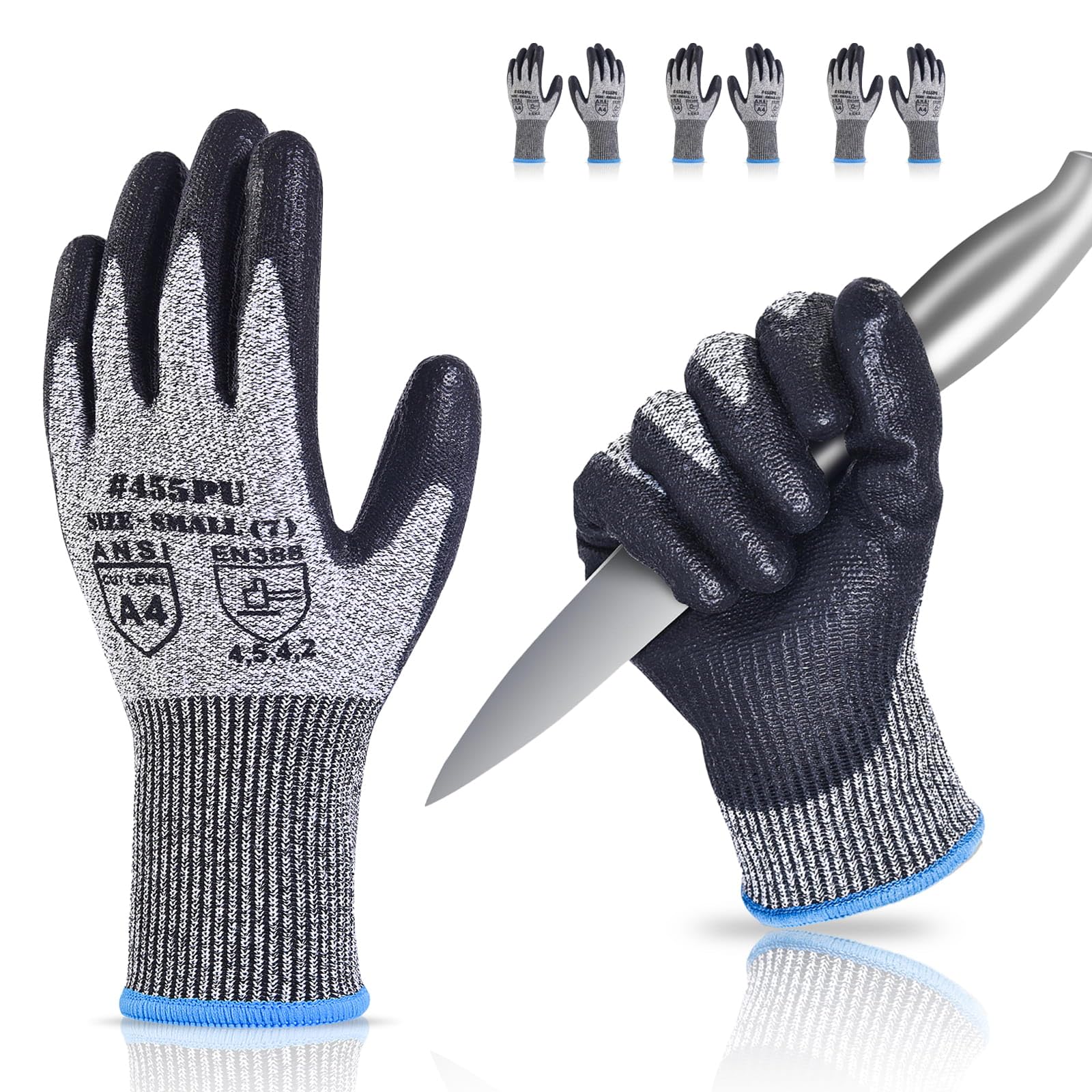 Donfri Cut Resistant Gloves High Performance Level 5 Protection Safety Work Gloves for Men Comfortable PU Coated Palm Cut Proof Gloves Gardening Food Grade Non-slip Machine Washable (S,3)
