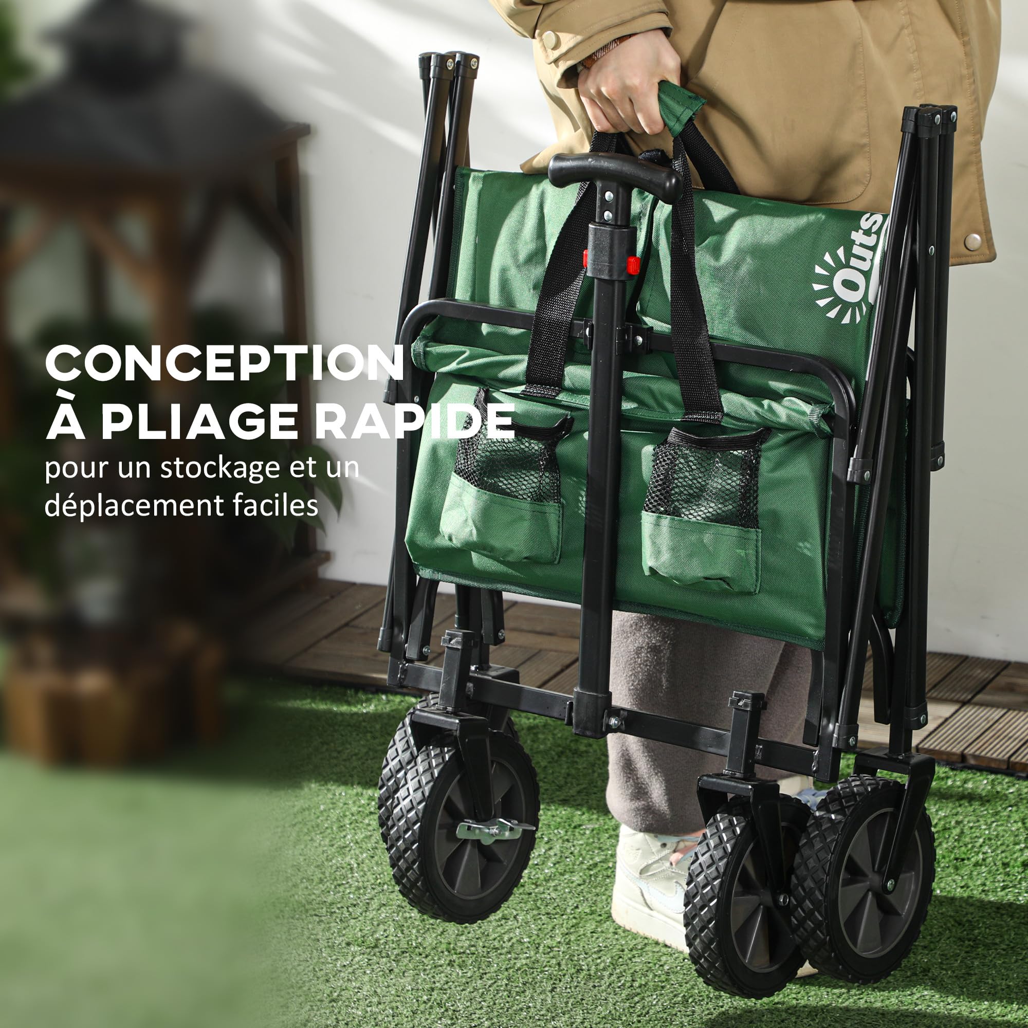 Outsunny Chariot de Transport Pliable à Roues Tout-Terrain avec Freins, Chariot de Campings avec Poignée en Acier, pour Plage Jardin Extérieur, Charge 40kg, 120L, Vert Foncé