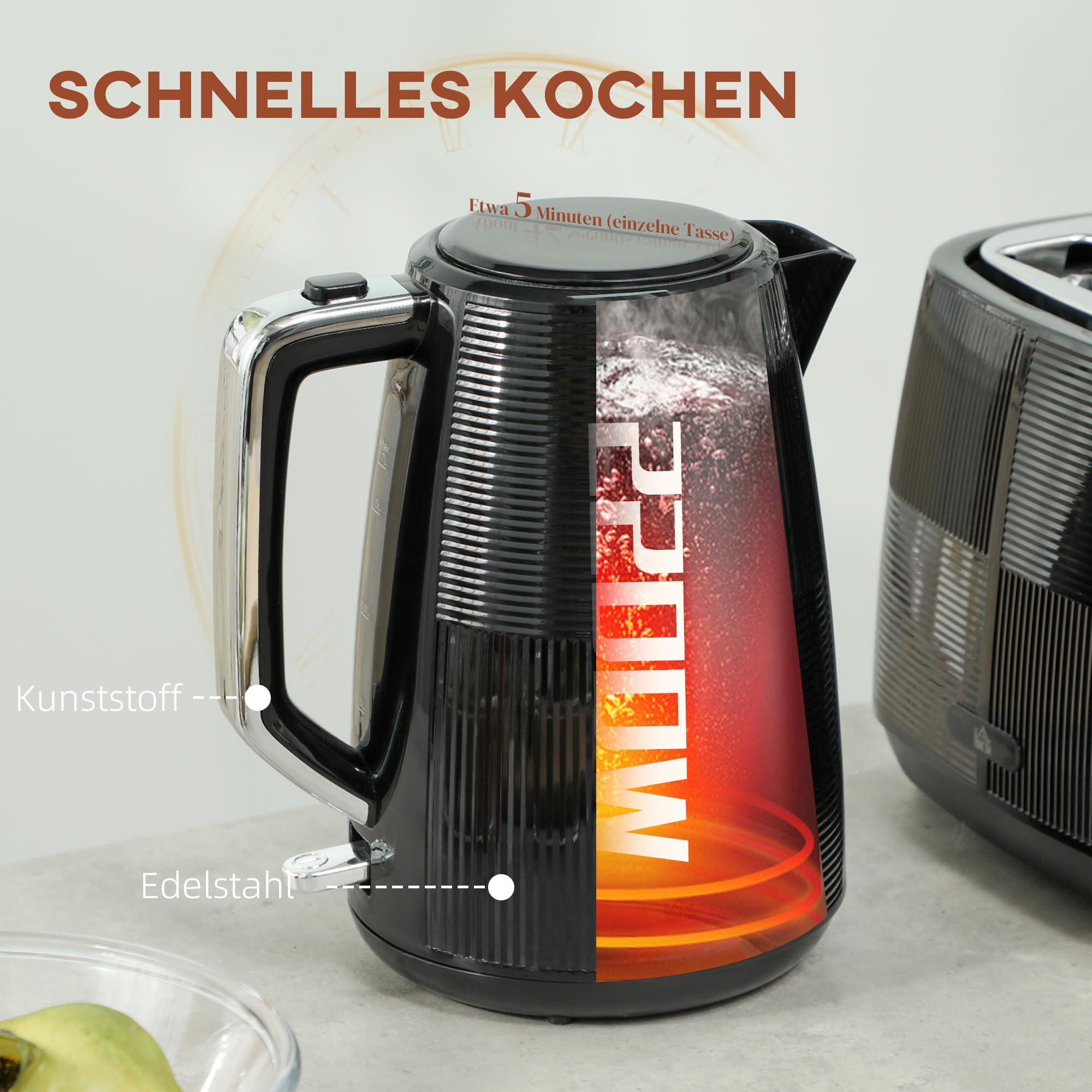 HOMCOM Bouilloire électrique Set grille-pain 2200 W 1,7 litre Bouilloire électrique Double fente Set petit-déjeuner avec filtre anticalcaire, 7 niveaux de torréfaction, fonction décongélation &