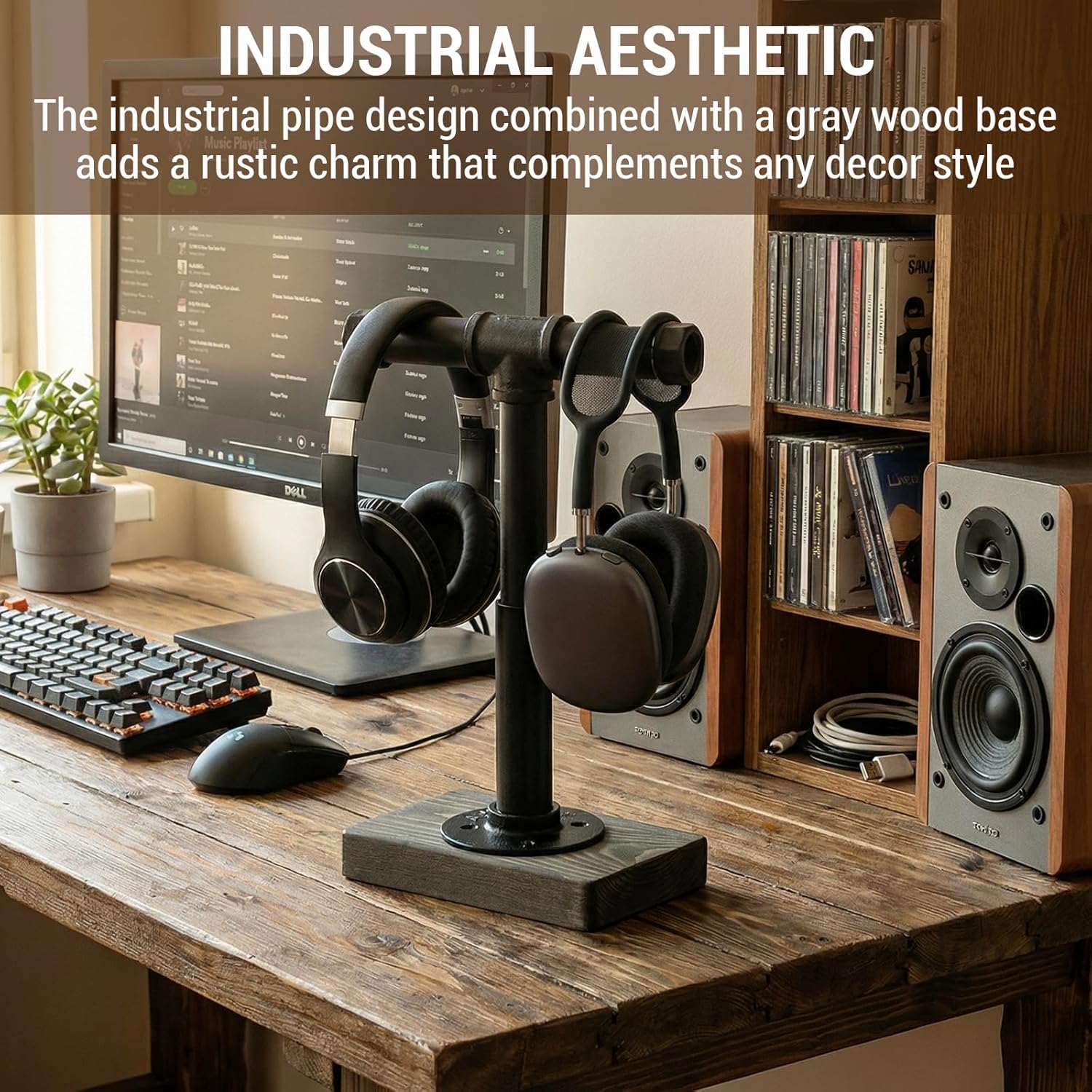 MyGift Adjustable Height Industrial Pipe Organizer Stand - Rustic T-Bar for Jewelry, Headphones, Medals, Kitchen Utensils & Display, Gray Wood Base (Black/Gray, Country Style)
