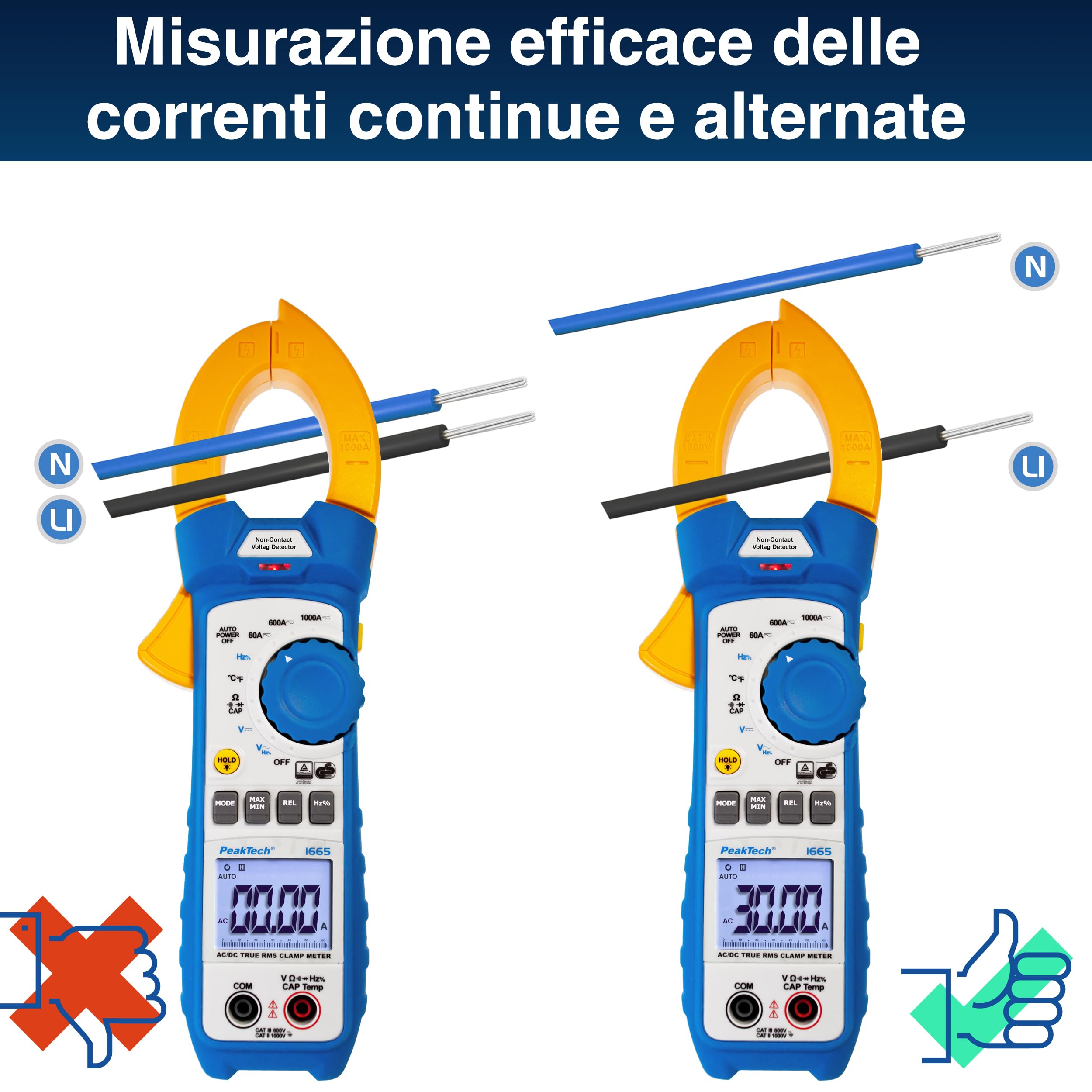 Peaktech P 1665 – Pinza Amperometrica Effettiva 1000A Ac/Dc con Luce LED, 6000 Conteggi, Multimetro Digitale, Tüv/Gs, Pinza Amperometrica, Voltmetro, Amperometro, Tester di Continuità - Max. 600 V