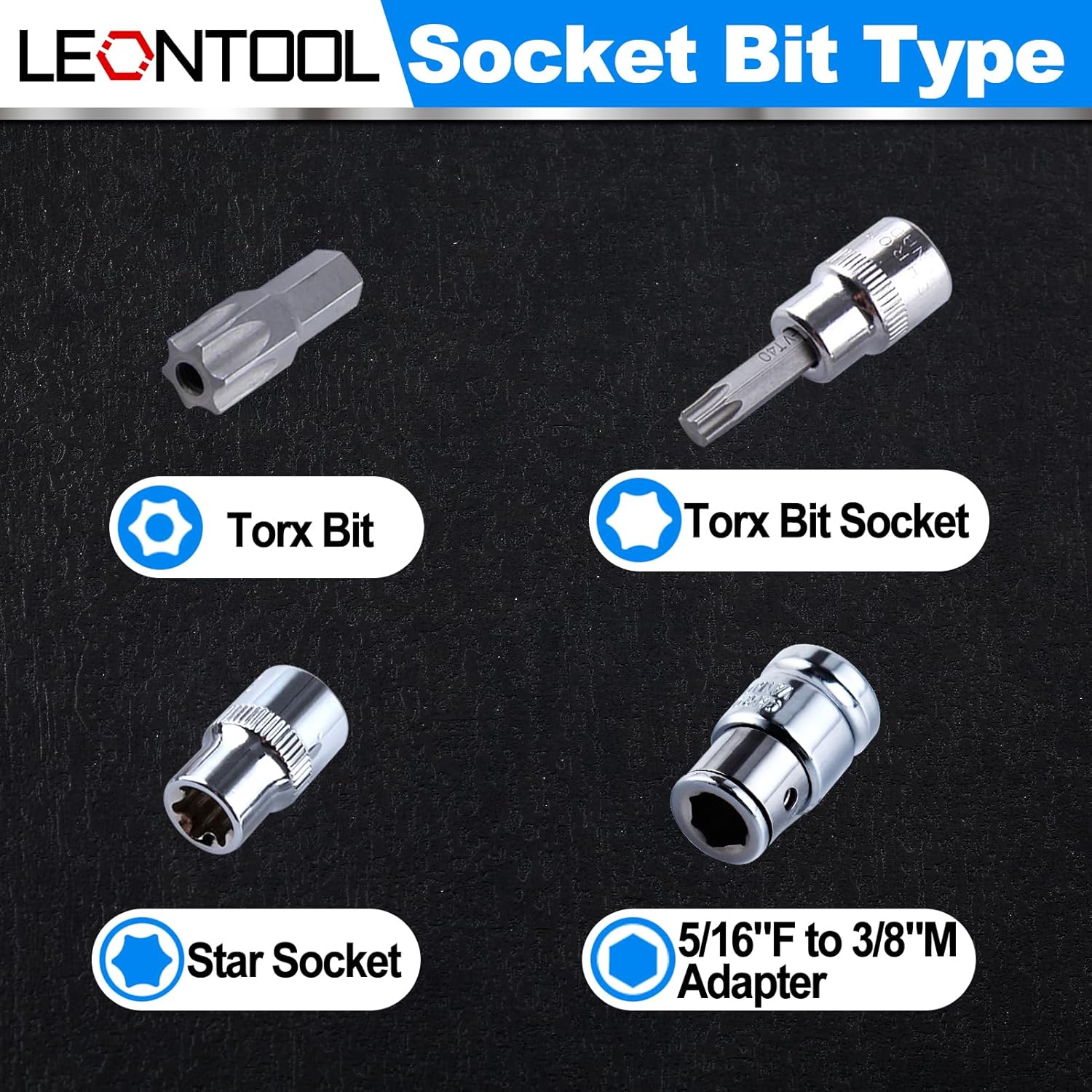 34 PCS Torx Bit Socket Set, E Socket Set E4-20, Torx Bit Socket Set T10-60, Tamper Proof Torx Bit Set TT10-TT55, 5/16"F to 3/8"M Adapter, with Storage Case For Hand Use Work On Auto Mechanic