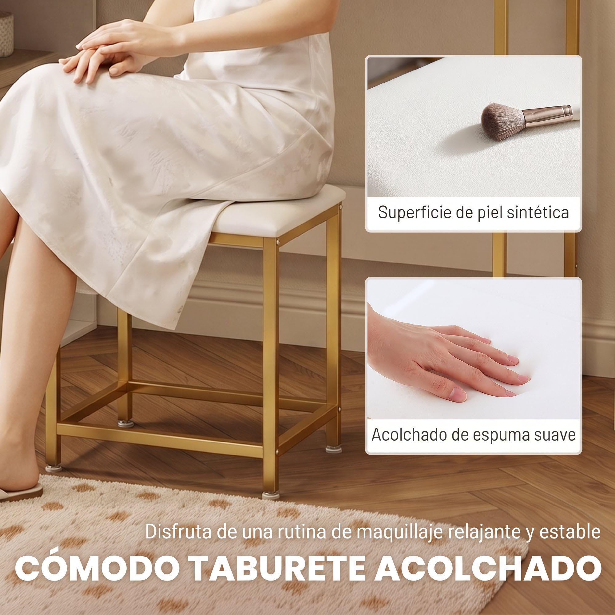 HOMCOM Tocador de Maquillaje con Espejo LED Regulables Taburete Blanco