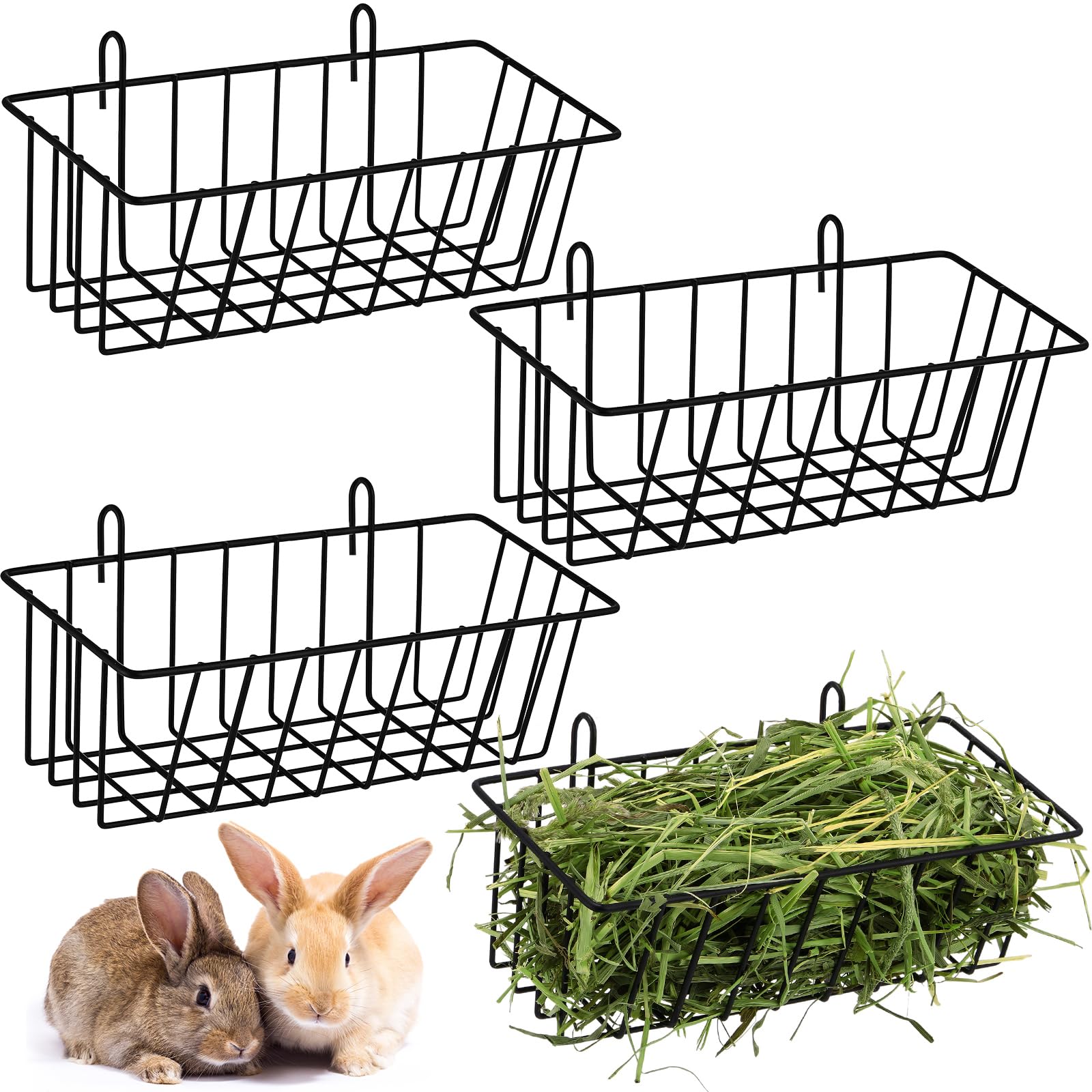 Therwen 4 Pcs Rabbit Hay Feeder Guinea Pig Heavy Duty Metal Frame Hay Rack with Hooks Cage Hanging Holder for Bunny Chinchilla Small Animals Accessories(9.8 x 5.1 x 3.5 Inches)