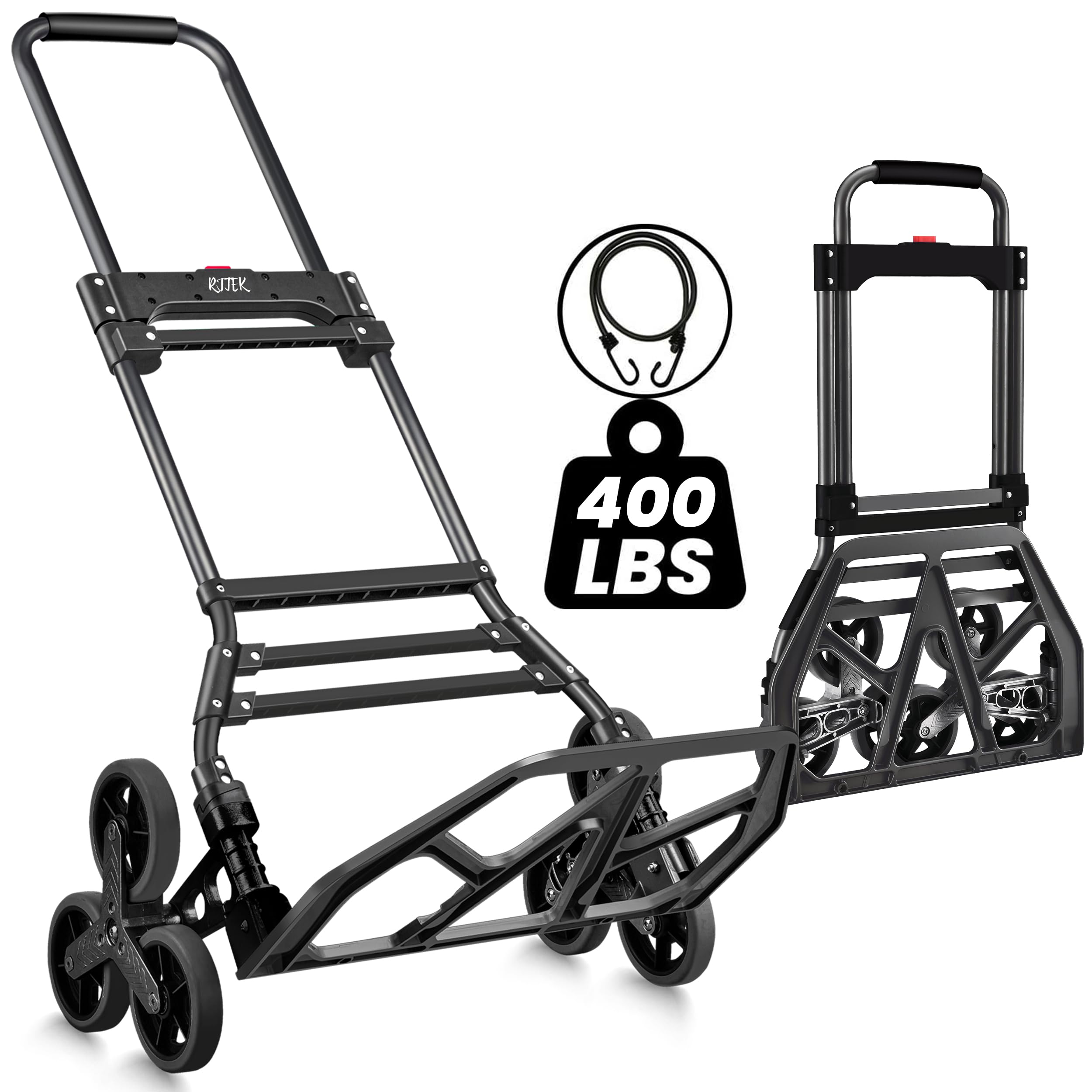 RJTEK【Material upgrading】Stair Climber Dolly 400lb Capacity, Improved Tire Size, Effortlessly Climbs 18cm Stairs, Hand Truck and Dolly,Heavy-Duty Cart with Telescoping Handle, Large Tires, and 2 Ropes