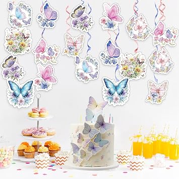 28Pcs Butterfly Party Decorations,Butterfly Hanging Swirl Decorations,Butterfly Cake Decoration,Girl Birthday Theme Decoration,Suitable for Birthday Wedding Christmas Party Decorationl.