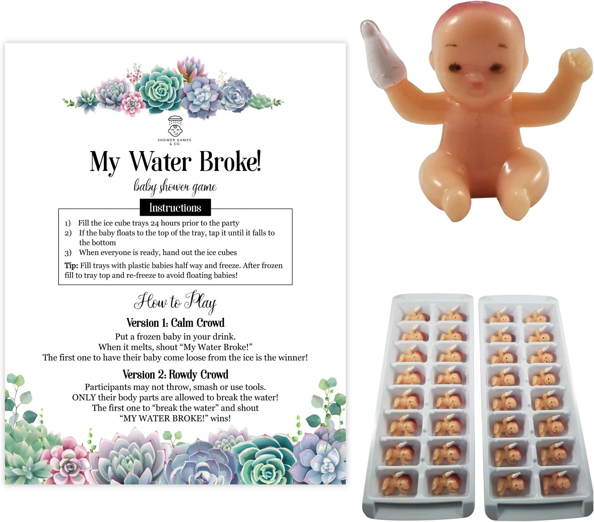 My Water Broke Baby Shower Game by Shower Games & Co. with Mini Plastic Babies for Ice Cubes, 32 People Succulents Design (Caucasian)
