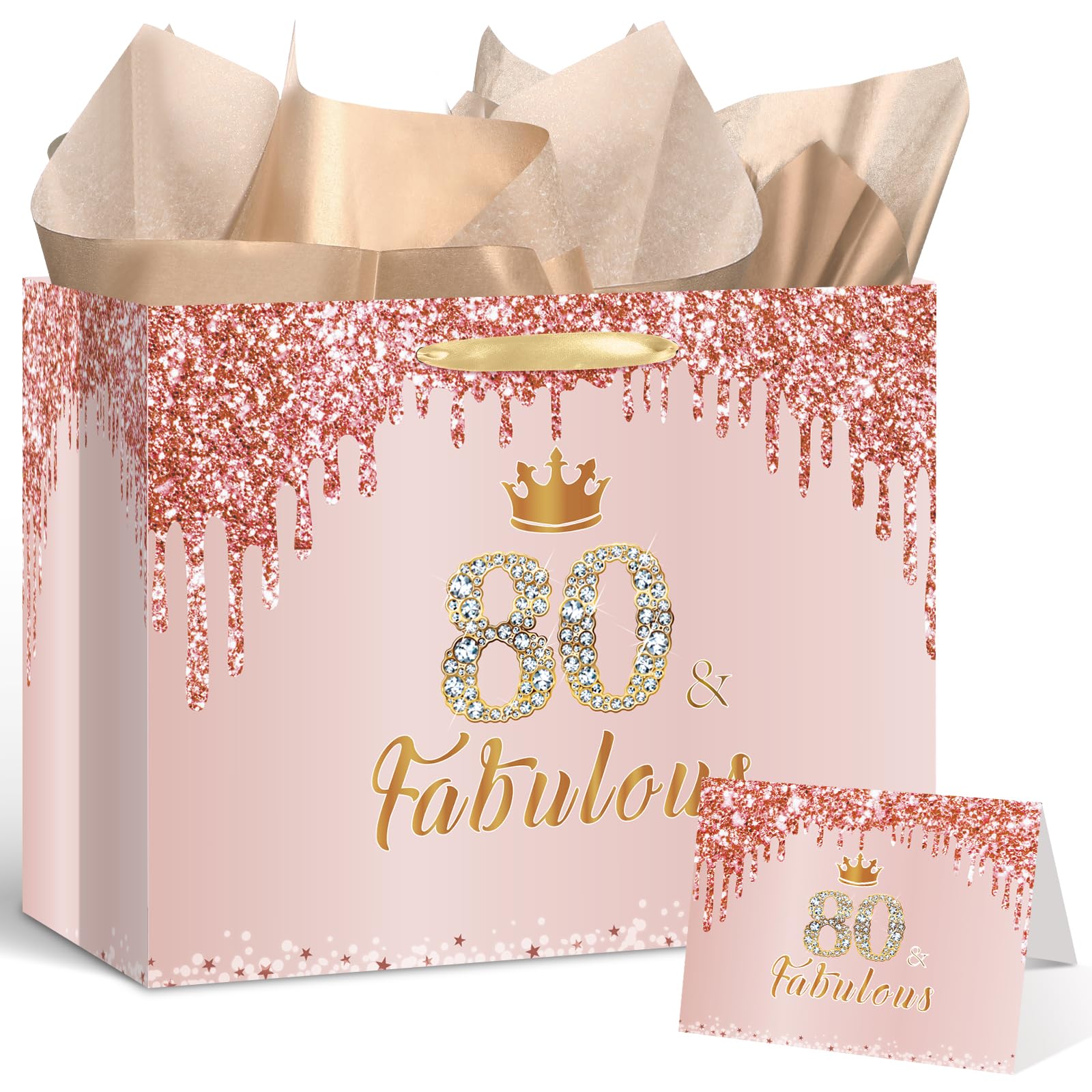 Yoirrat Rose Gold 80 & Fabulous 80th Birthday Gift Bag for Women Her Large Pink Happy 80th Birthday Gift Bag with 80th Birthday Wrapping Paper and Card for 80th Birthday Decorations Party Supplies
