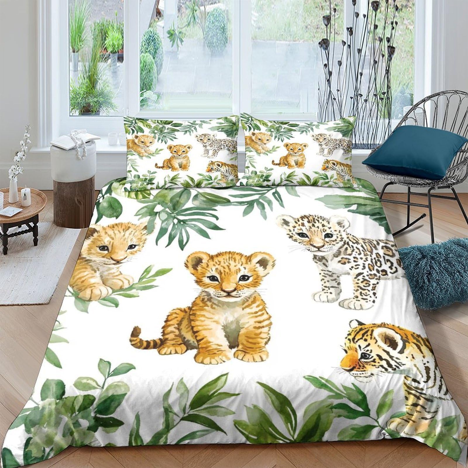 GPLZQXKJNH 3D Printed Cute Baby Tiger Duvet Cover Microfiber Soft Jungle Leopard Bedding Set with 2 Pillowcases for Bedroom Home Single（135x200cm）
