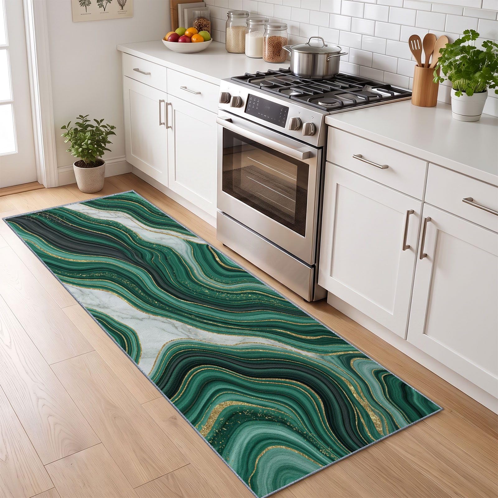 Tappeto passatoia moderno astratto per corridoio, verde e oro, 60 x 240 cm