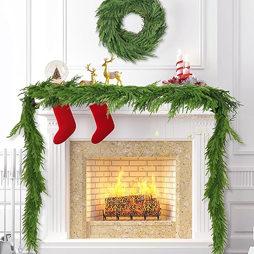 Miniatura 6 de Guirnalda de pino Norfolk de Navidad de 9 pies, decoración de guirnalda de Navidad de tacto real, suave y grueso, guirnaldas de pino artificiales