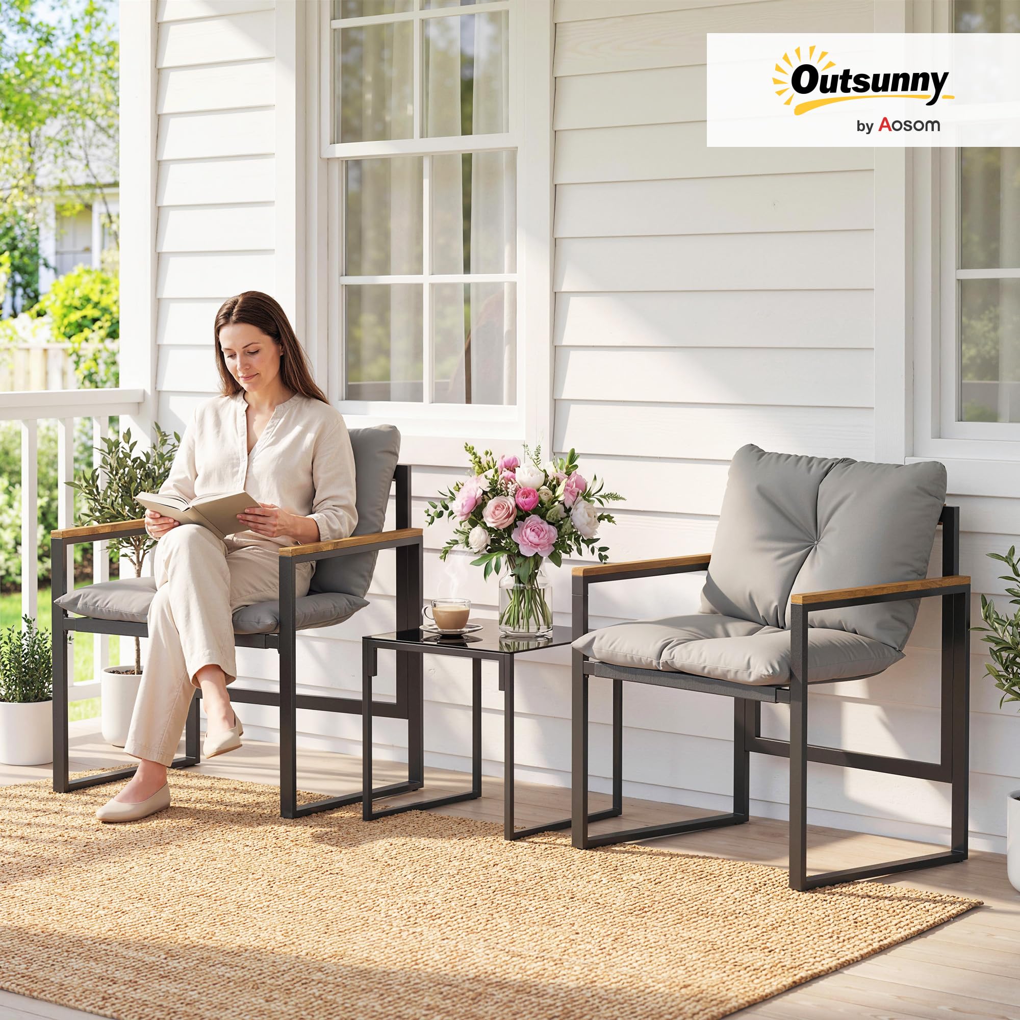 Outsunny Set da Bistrò da 3 Pezzi, Set da Giardino con 2 Sedie Texteline, Tavolo Vetro Temperato, Cuscini Spessi, Braccioli Decorativi, Set di Mobili da Giardino in Metallo, per Patio Balcone, Grigio