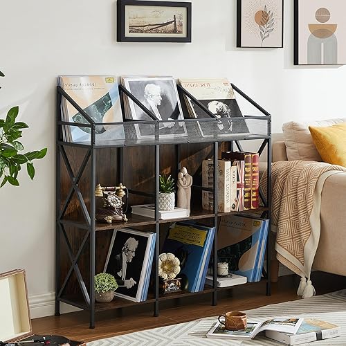 Miniatura 3 de Estante de almacenamiento de discos de vinilo de 9 rejillas, mesa de exhibición de discos de madera para revistas, archivos, álbumes, libros para