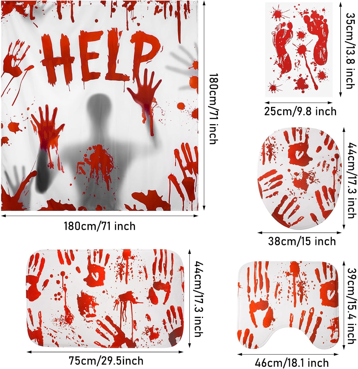 7 Pcs Halloween Bloody Shower Curtain Set with Horror Help Me Bath Curtain Blood Hand U Shape Rug Toilet Cover Wall Sticker Scary Ghost Shadow Bath Mat Bathroom Decor Set with 12 Hook