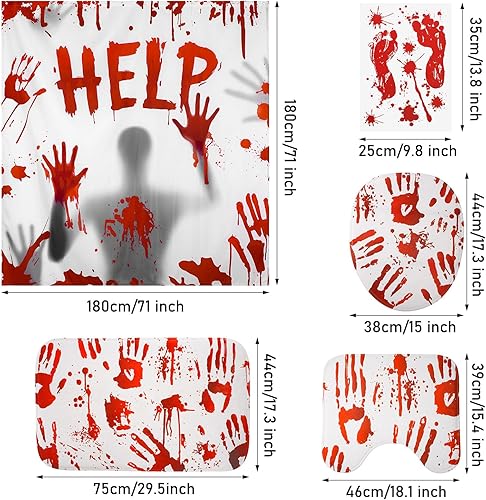 Miniatura 2 de Juego de 7 cortinas de ducha sangrientas de Halloween con Horror Help Me, cortina de baño de mano de sangre en forma de U, cubierta de inodoro,