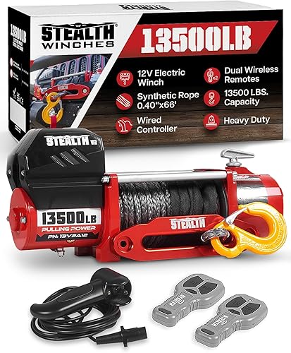 Stealth Winches Cabrestante de camión de 13500 libras, cabrestante eléctrico de 12 voltios con 2 controles remotos inalámbricos y cuerda sintética,