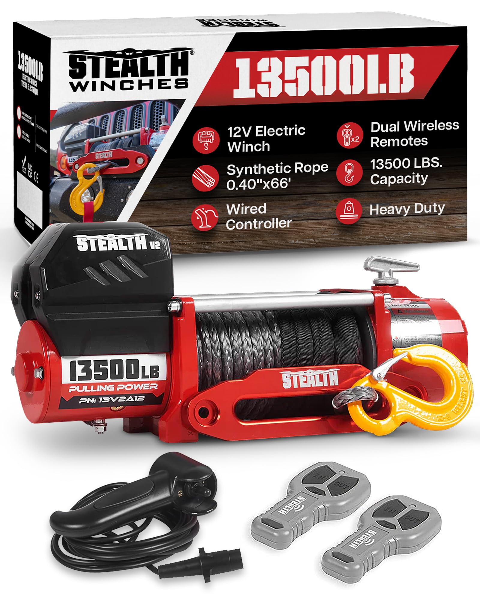 Stealth Winches 13500lb Truck Winch,12-Volt Electric Winch with 2 Wireless remotes and Synthetic Rope, 4x4, Perfect for Off-Road SUV Towing Trailer