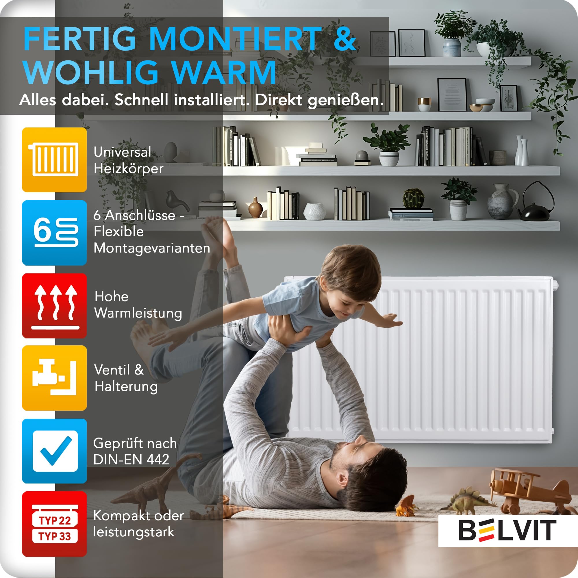Belvit Flachheizkörper Kompakt Typ T33 600x1400 Reinweiß RAL 9016 Stahl DIN EN 442 inklusive Ventil und Wandhalterung