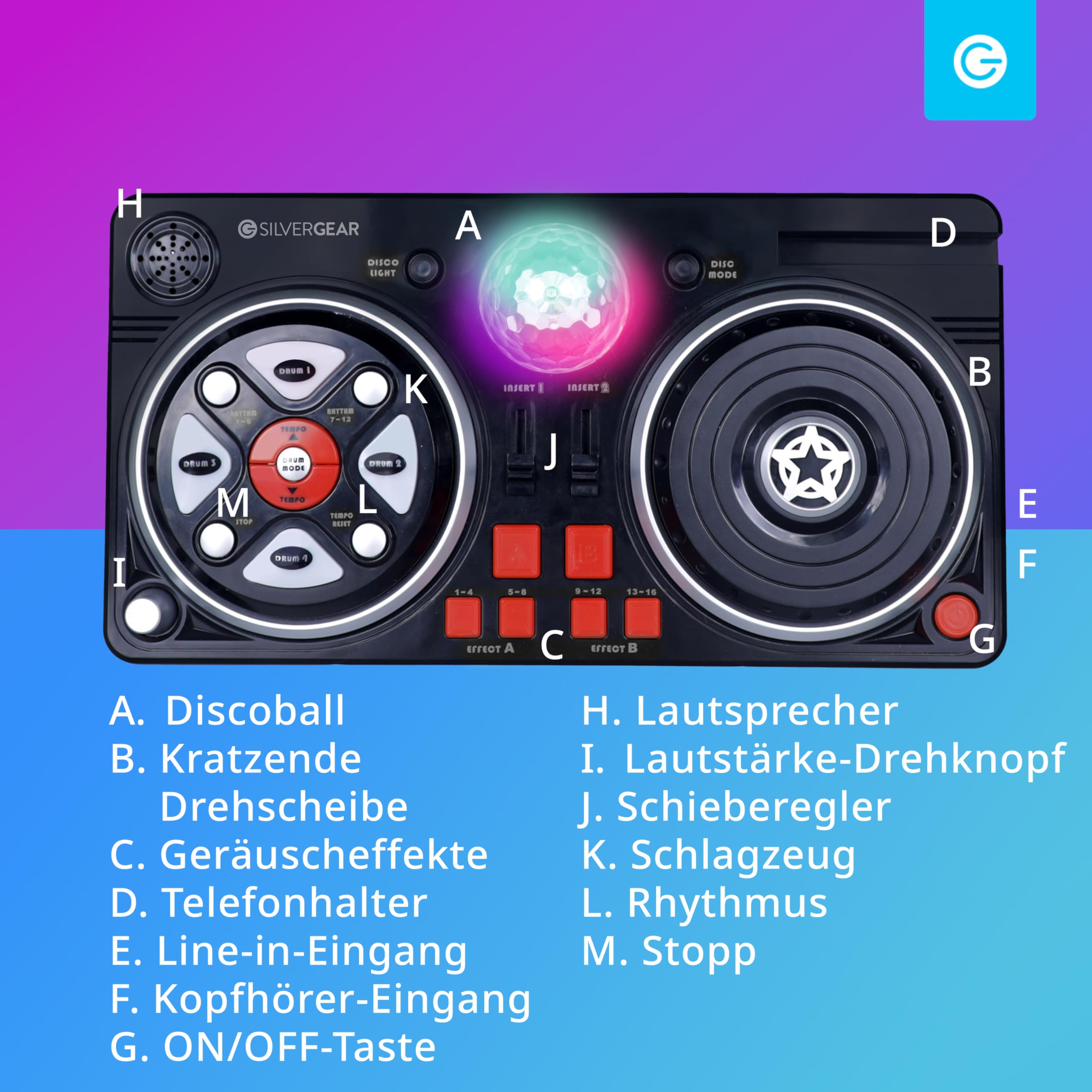 Silvergear® DJ-Set für Kinder | DJ Pult für Anfänger mit Discokugel | 46 Soundeffekte | AUX-Kabel für Eigene Musik | Tragbares DJ Equipment | Batteriebetrieben | 39.3 x20.5x6.4 cm | Schw