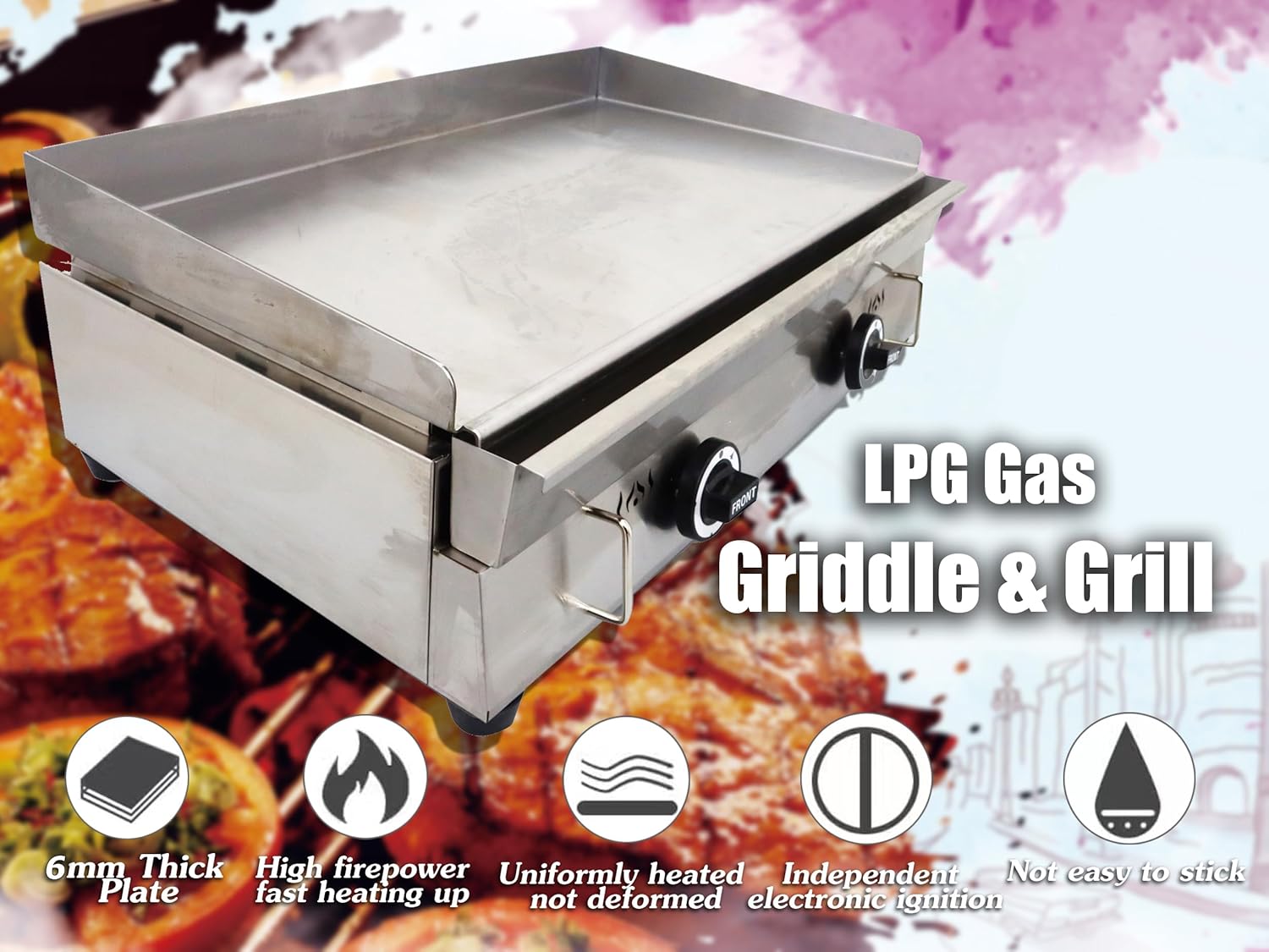 INTSUPERMAI Commercial Grill Griddle LPG Countertop Griddle Flat Top Grill Hot Plate Stove Stainless Steel Teppanyaki Grill Plate Size 28.94×16.14inchfor Restaurant Kitchen Camping Outdoor BBQ 2800Pa