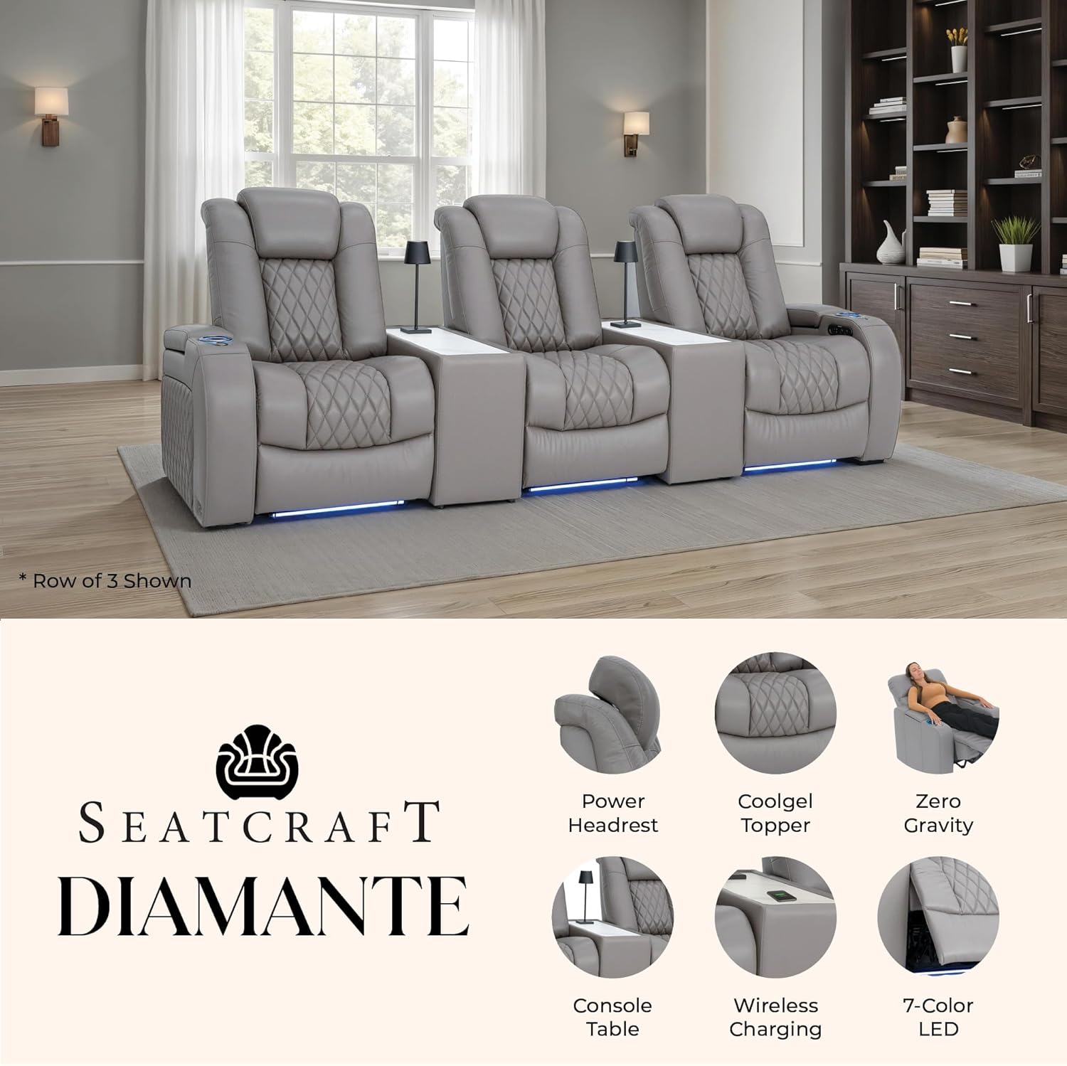 Seatcraft Diamante Zero-Gravity Italian Leather Home Theater Seating w/Wireless Charging Console Table, Power Headrest, Row of 2, Gray