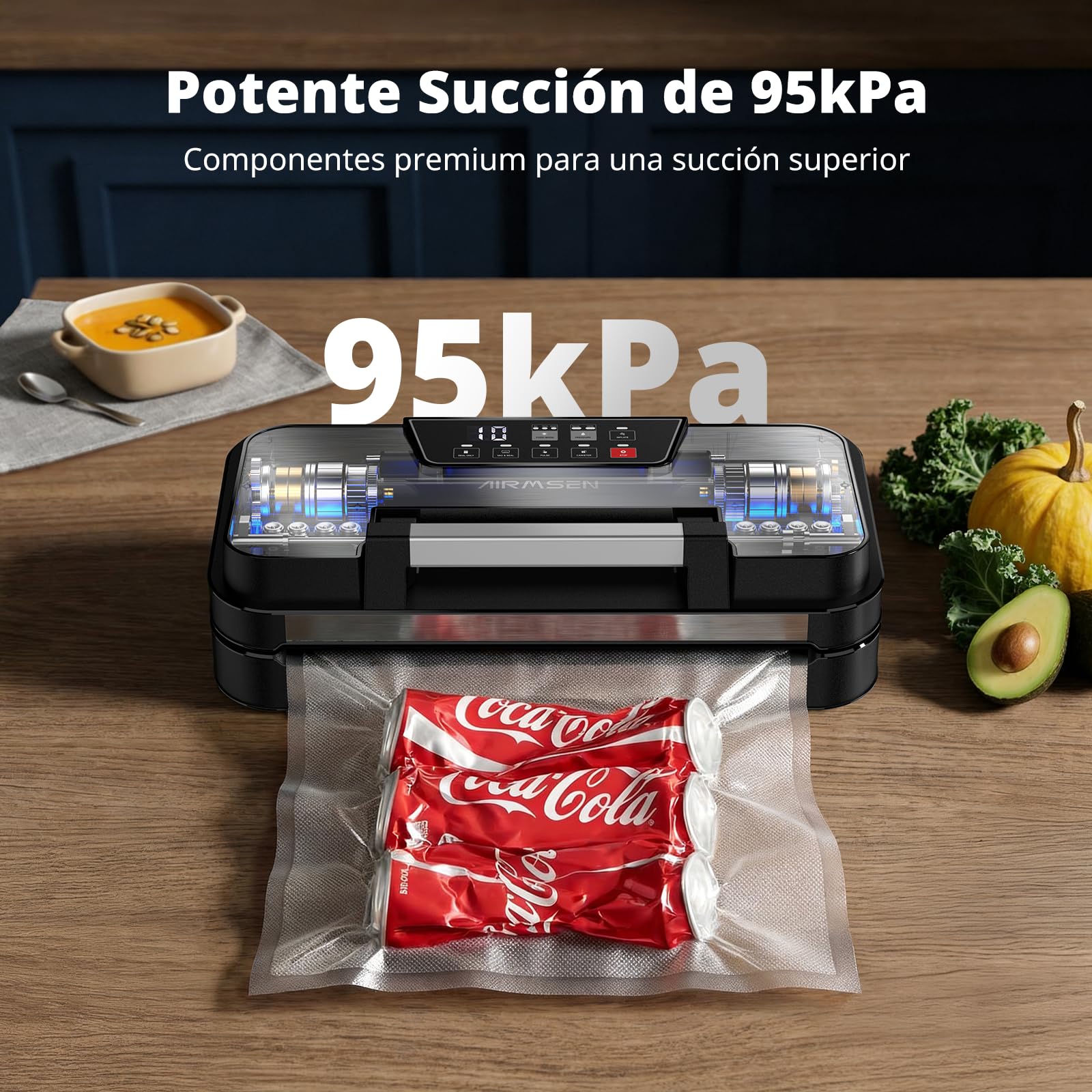 AIRMSEN Envasadora al vacío 95 kPa con función de inflado, modos Seco/Húmedo, doble sellado 30 cm, cortador incorporado, rollo y bandeja extraíble – mantiene los alimentos frescos hasta 8× más tiempo
