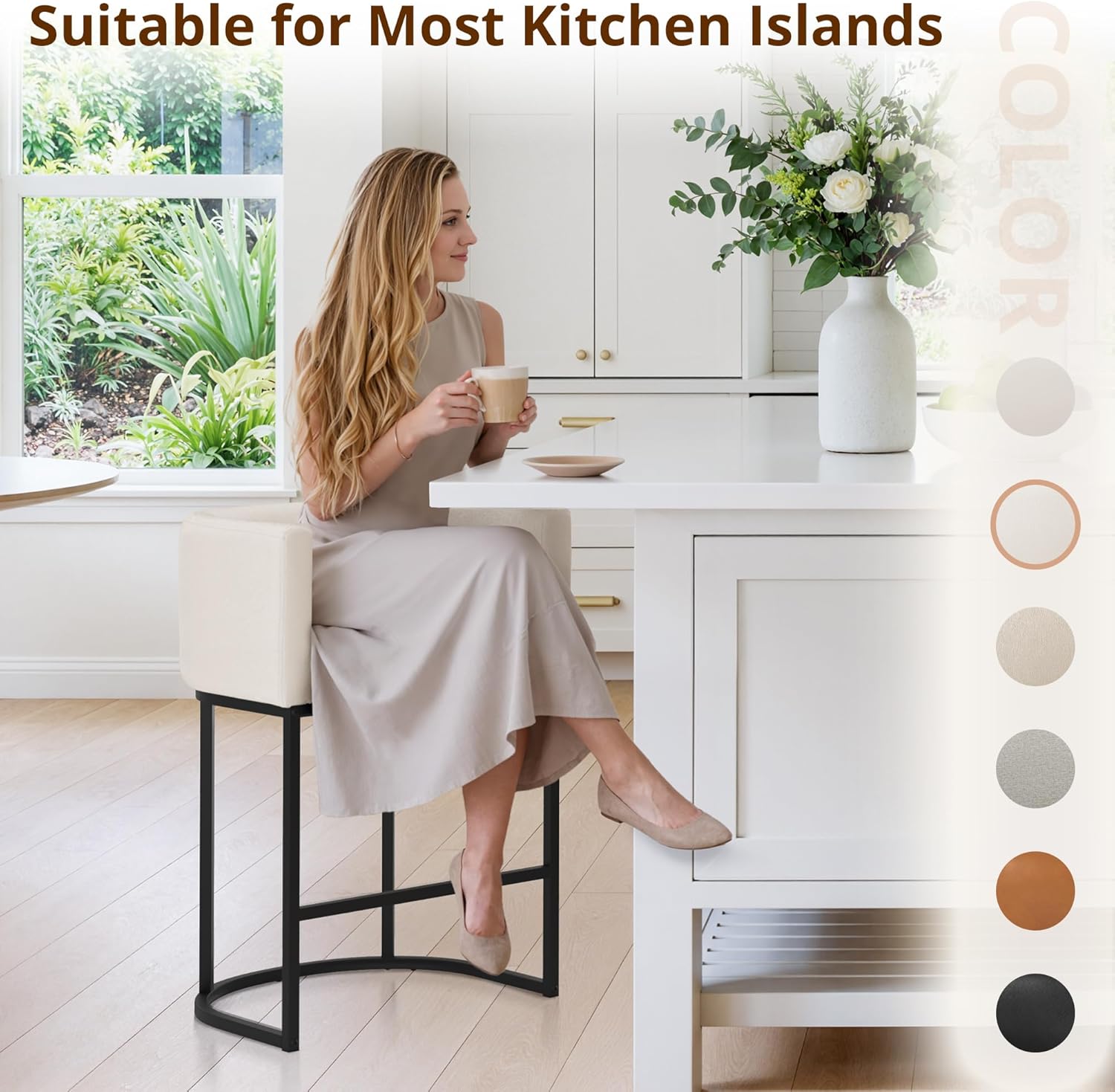 LUE BONA 27" H Counter Height Bar Stools Set of 2, Modern Barrel Counter Stools with Backrest and Arms, Black Metal Frames, Linen Fabric Upholstered Accent Barstools for Kitchen Island, Beige