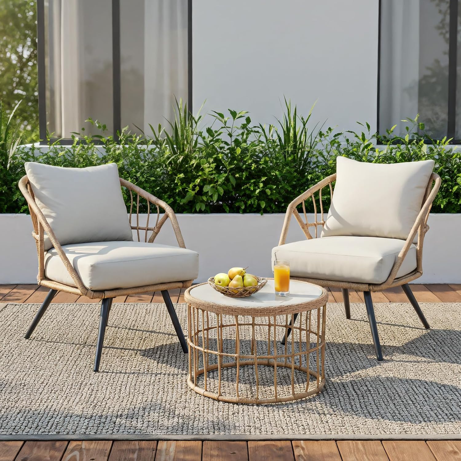 Outdoor Patio Furniture, PE Rattan Wicker Armchairs & Coffee Table, Bistro Set with 4.7" Thick Cushions, Conversation Set for Garden Balcony Deck Porch or Backyard, Beige