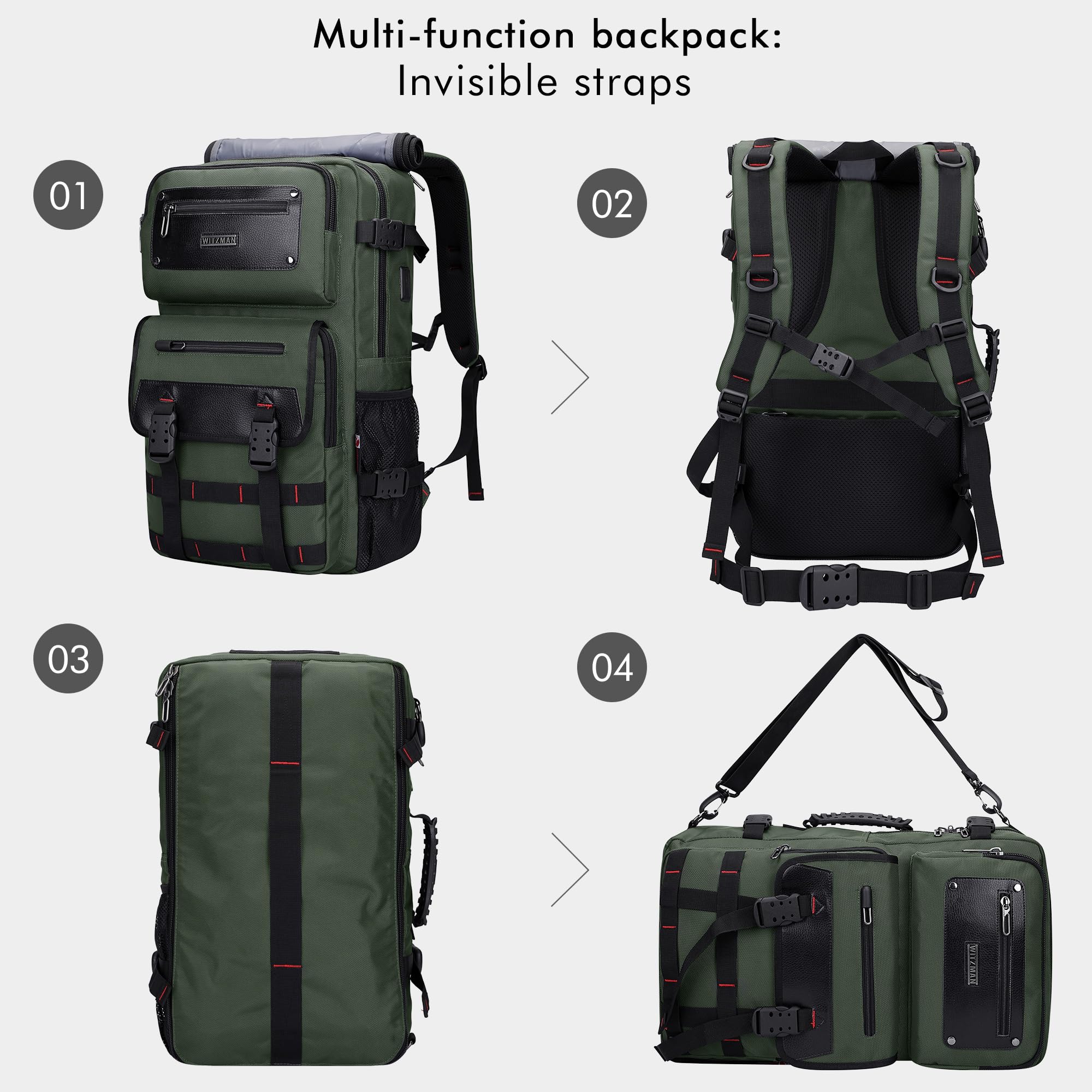 WITZMAN Reiserucksack Herren Nylon USB für 17 Zoll Laptop | Handgepäck-Design, Großer Stauraum, Praktische Organisation und Komfortables Tragen für Reisen, Arbeit, Alltag, B685 Grün