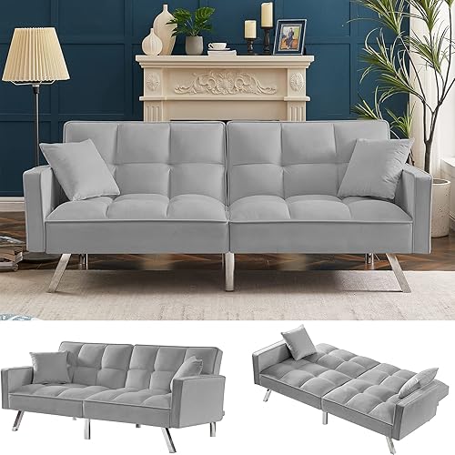 Sofá cama moderno futón sofá sofá cama convertible reclinable con brazos y 2 almohadas para sala de estar dormitorio espacio compacto gris