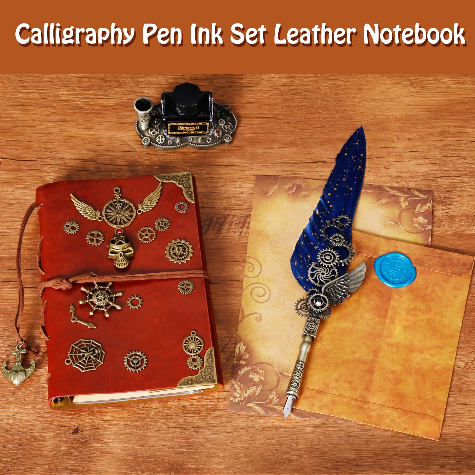 Juego de pluma de tinta de cuero cuaderno con pluma quill, 5 plumas intercambiables, sello de sello, cuchara, perlas, cera blanca, soporte para bolígrafos, taza, sobre, papelería (azul), Regalos