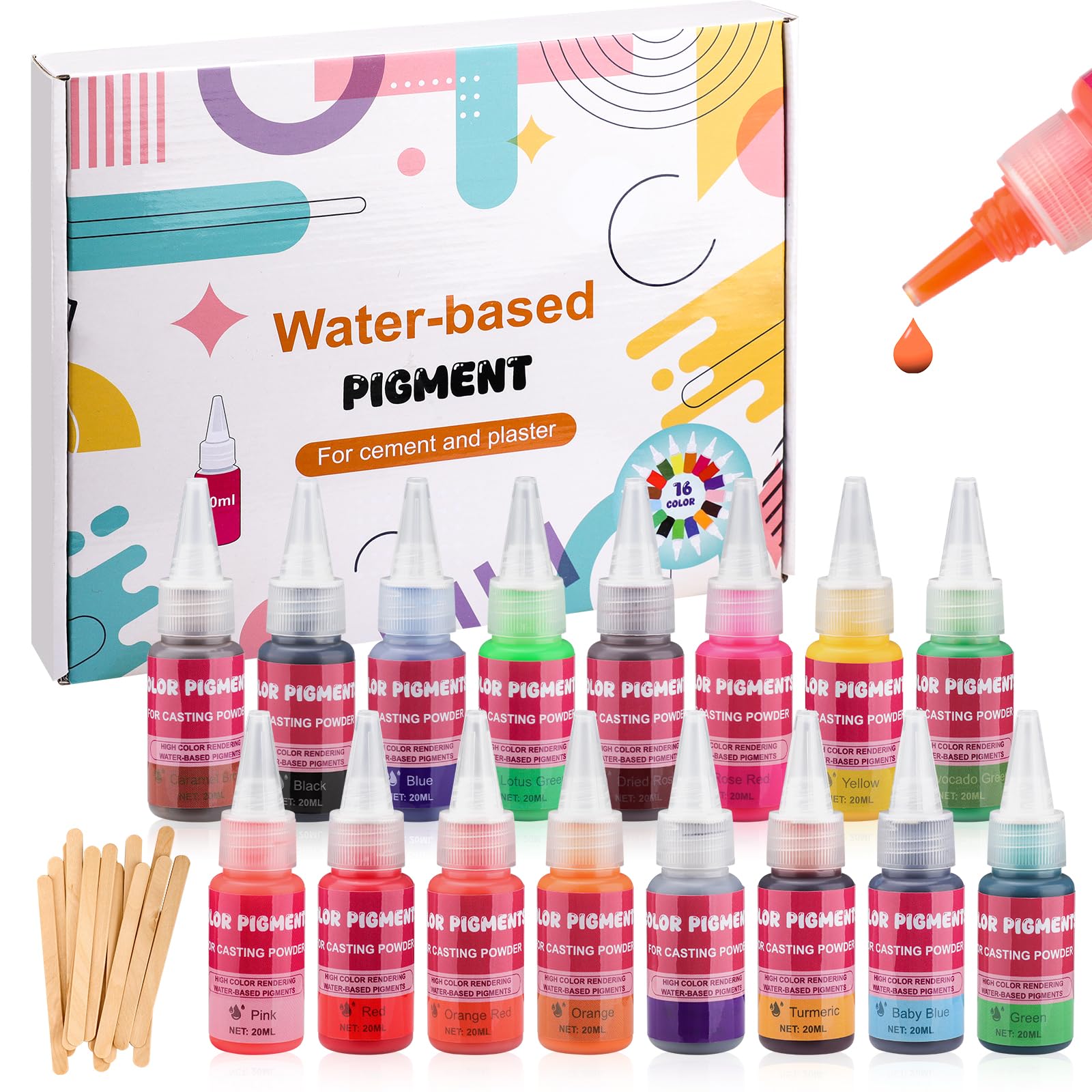 Pigment auf Wasserbasis, Farbpigmente für Gießpulver mit Rührstäbchen, DIY Farbpigment Kreatives Design Gießpulver Konzentrierte Epoxidharz-Farbe für Betonfarbe, Gips, Zementfarbe
