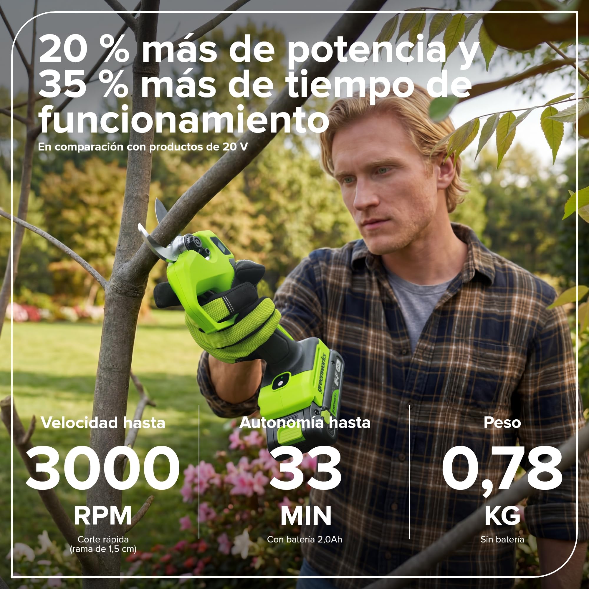 Greenworks Tijera Eléctrica 24V con Poste Telescópico 1,29–2,00 m, Motor Brushless, Cuchillas Acero, Apertura 22/32 mm, Pantalla LED, con Batería 2,0Ah & Cargador USB-C 30W LP24BLA1