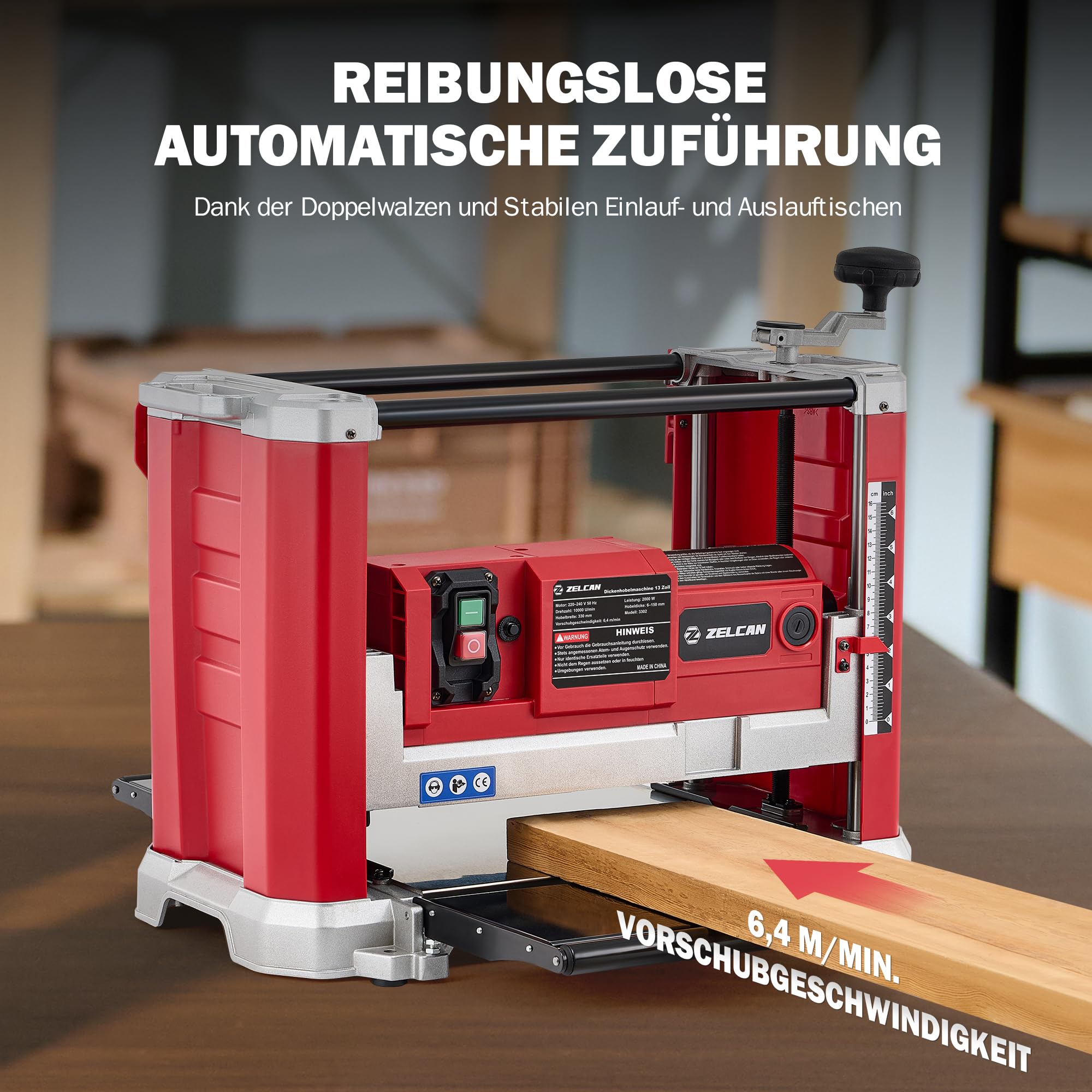 ZELCAN Dickenhobelmaschine 2000W Hobelmaschine Dickenhobel 20000 Schnitte/Min, Elektrohobel 2 Hobelmesser Durchlasshöhe/-breite: 15cm/33cm, Spanabnahme max.: 3 mm mit Absaugung