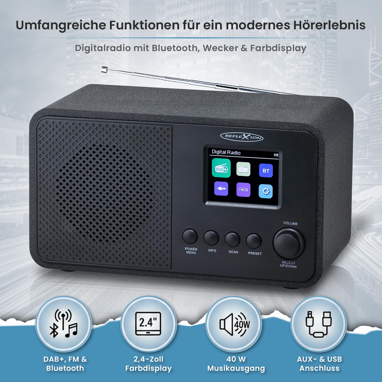 Reflexion Radio DAB+ con Bluetooth, sveglia e display a colori, radio digitale con USB, AUX-IN, antenna telescopica e 40 stazioni memorizzate, potenza musicale da 40 W, display TFT da 2,4", compatto e