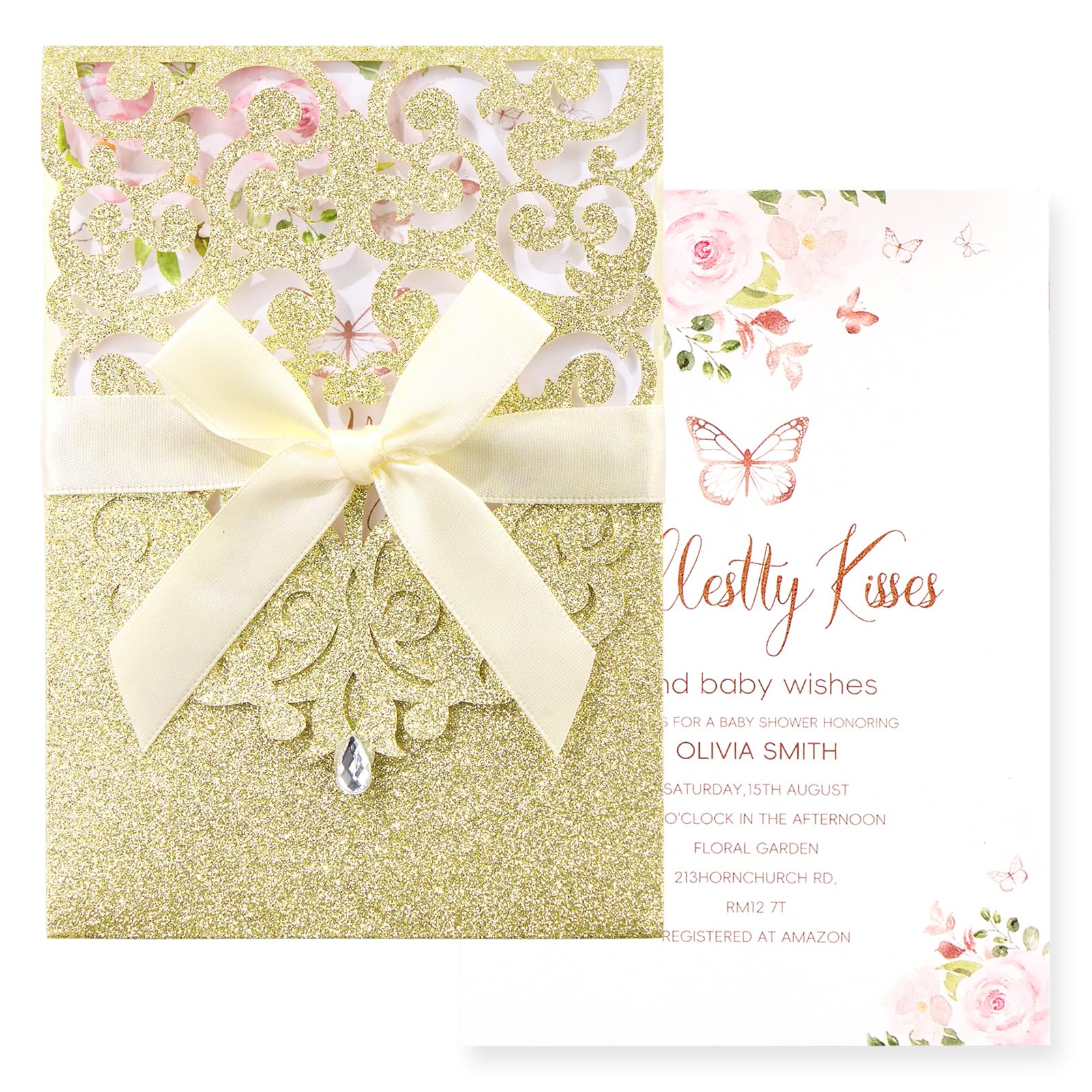 Maffily Gold Glitter Wedding Invitation 50PCS, Laser Cut Invitations with Envelopes and RSVP Cards Blank Inner Sheets for Wedding Quinceanera Bridal