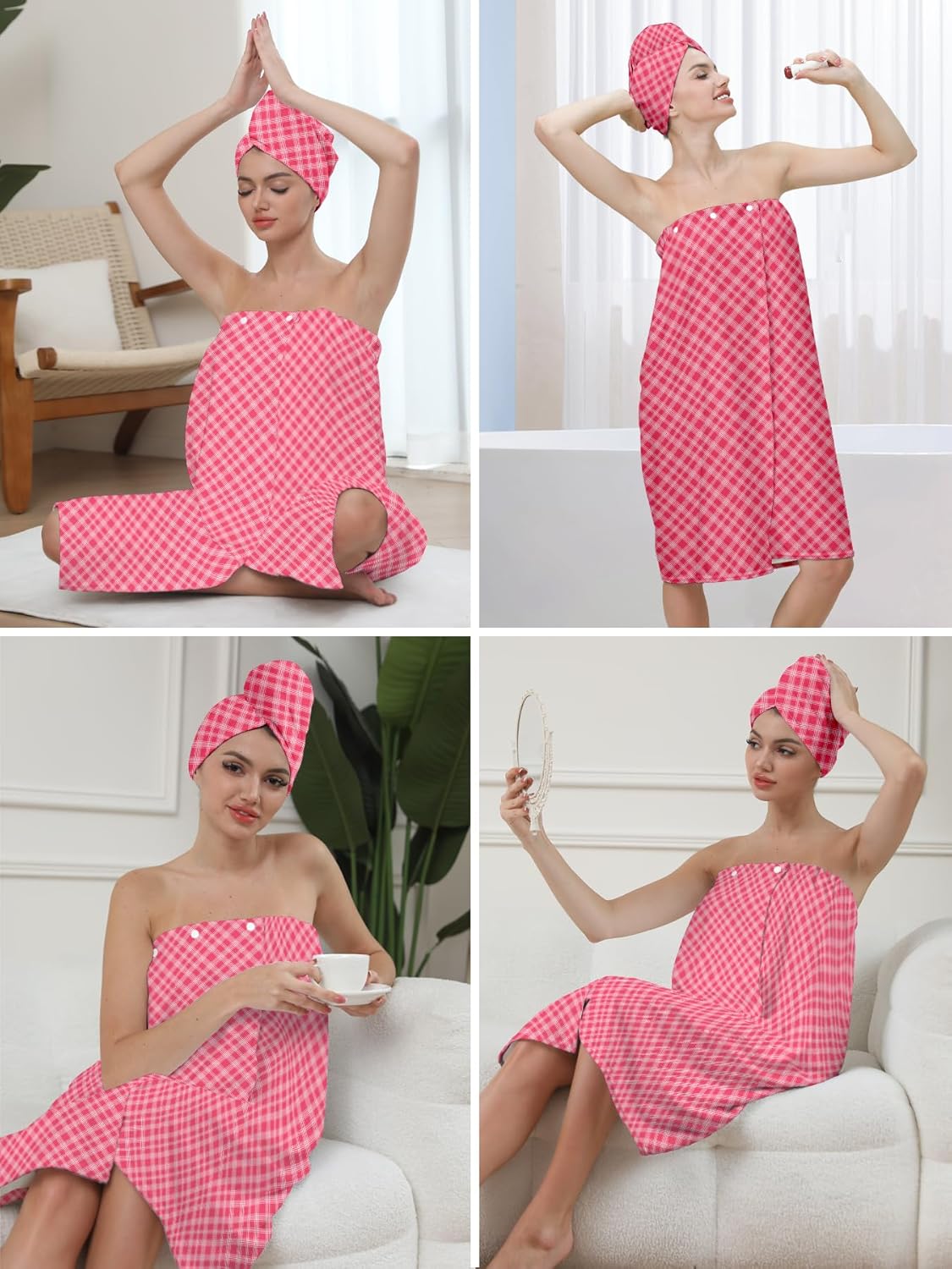 Spa Wrap Set with Hair Turban, Pink Gingham Pattern, Bath Towel Wrap - Image 8