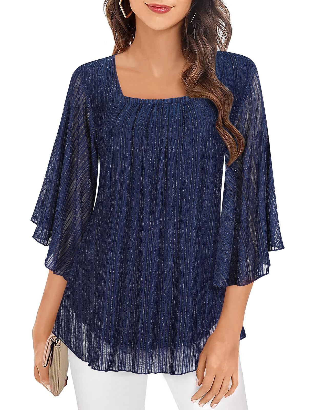 Misyula Womens Square Neck Ruffle 3/4 Sleeve Tunic Tops Double Layers Elastic Mesh Casual Flowy Floral Blouses M-3XL