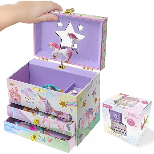 Jewelkeeper Enchanting Unicorn Musical Jewelry Box for Girls - Sparkling Rainbow Design Music Box with 2 Pullout Drawers to Store Earrings, Necklace and Bracelets - Plays The Beautiful Dreamer Tune