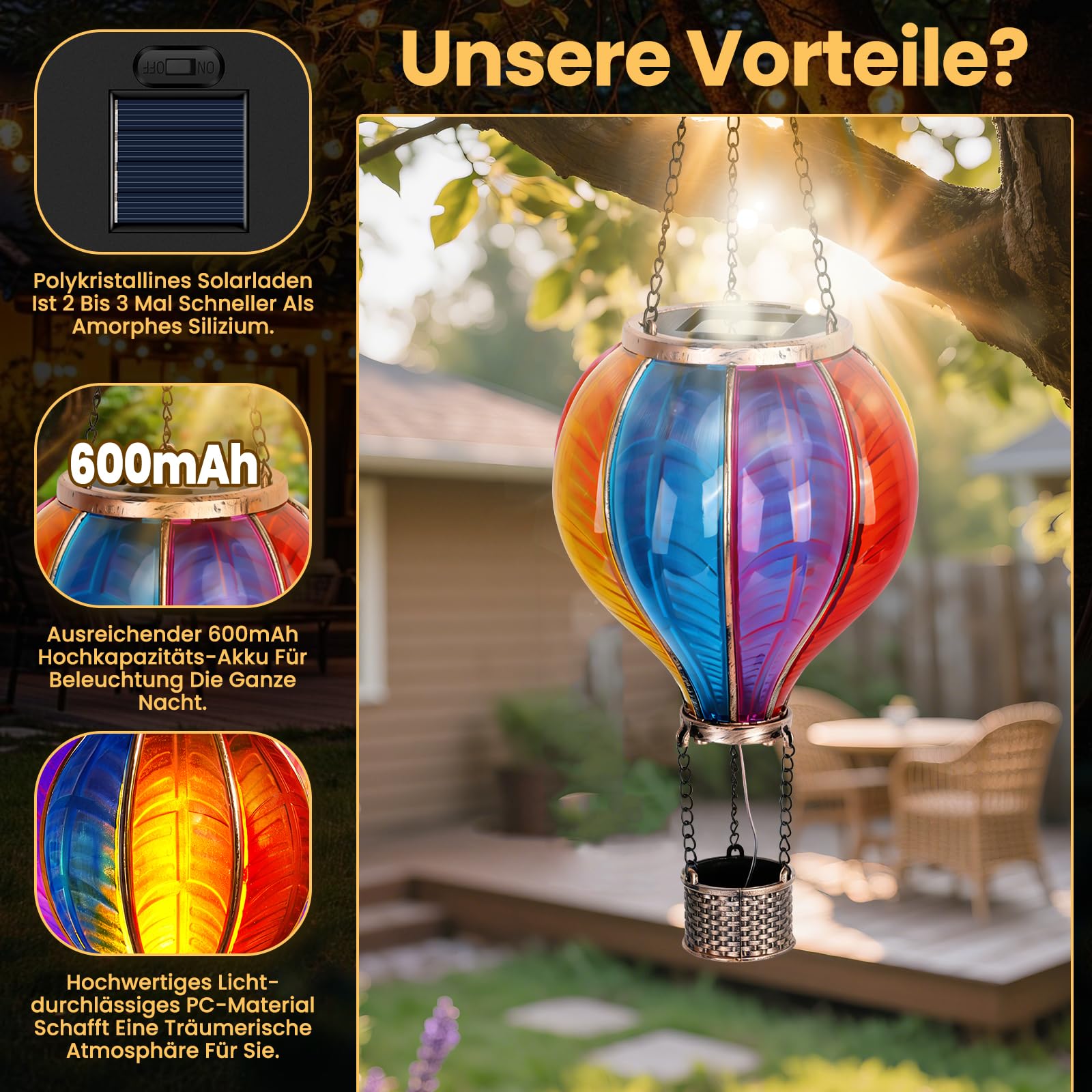 JONRRYIN 2er Solar Heißluftballon, Extra Groß 46,5x13,8 cm Solarlaterne für Außen, Heißluftballon Deko, Windlicht mit Flammeneffekt für Garten, Terrasse, Balkon & Rasen, Metall & Kunststoff (Solar)