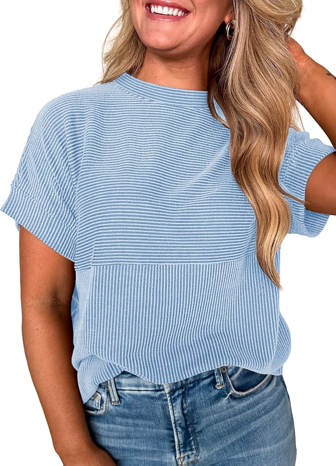 EVALESS Short Sleeve Shirts for Women Casual Spring Summer Tops Ribbed Knit Striped Womens Tops Crewneck Loose Fit T Shirts