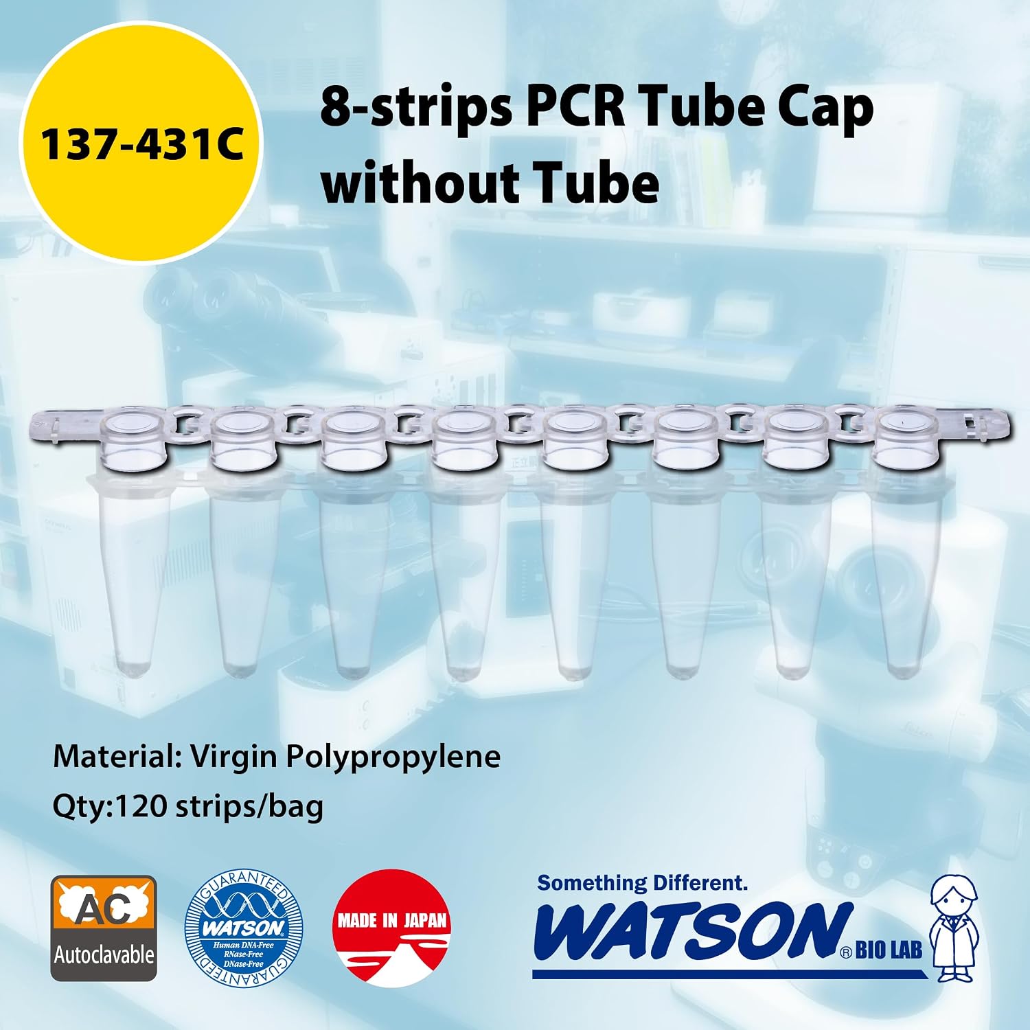 137-431C, 0.2 mL, 8-Strip PCR Tube Flat Cap (Without Tubes), 120 Strips, Natural Color, Autoclavable, Made in Japan/Kobe